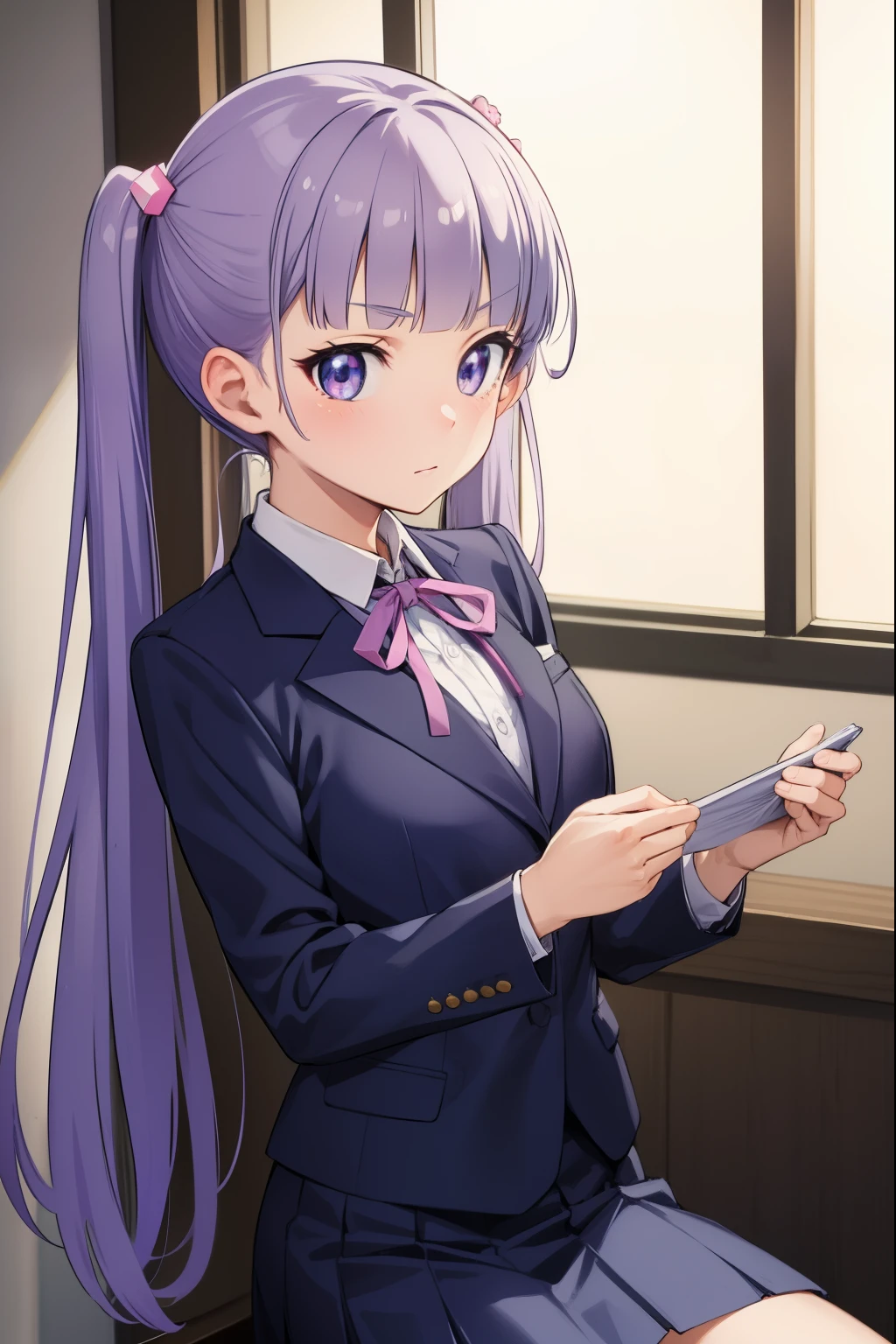 aobasuzukaze, aoba suzukaze, eyebrows, hair ornament, long hair, (purple eyes:1.1), purple hair, twintails,
BREAK blue skirt, bow, bowtie, business suit, dress shirt, formal, neck ribbon, pink bow, pink bowtie, pink ribbon, ribbon, shirt, skirt, skirt suit, suit, white shirt,
BREAK looking at viewer,
BREAK indoors, office,
BREAK (masterpiece:1.2), best quality, high resolution, unity 8k wallpaper, (illustration:0.8), (beautiful detailed eyes:1.6), extremely detailed face, perfect lighting, extremely detailed CG, (perfect hands, perfect anatomy),