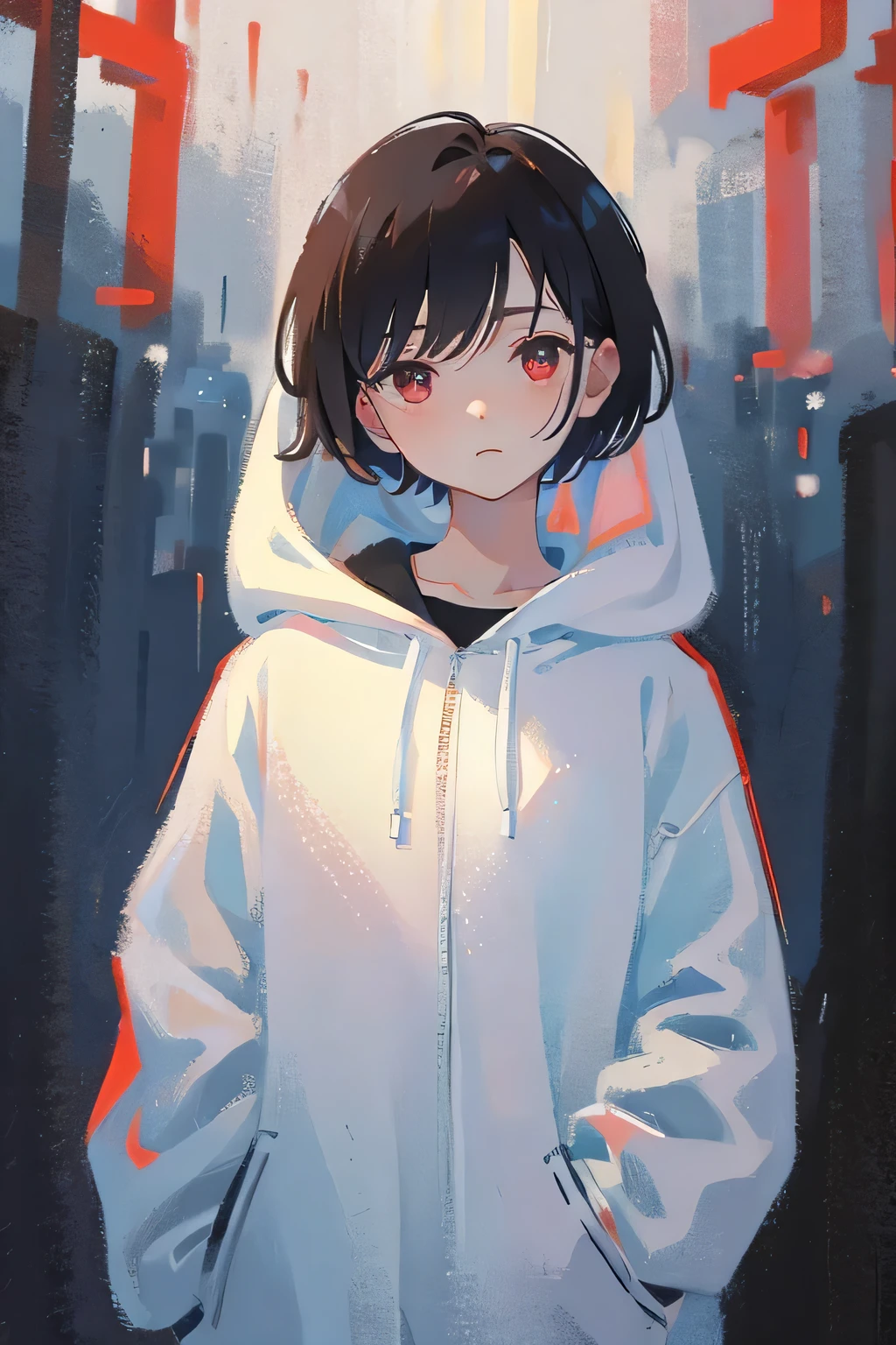 masterpiece, masterpiece, separate, outstanding quality, high quality, masterpiece, perfect details, high detail, perfect body, look ahead, I am, black short hair, dark red eyes, look ahead, lifeless eyes, empty eyes, expressionless, depressed, dreamy, haziness, feminine boy, white hoodie, wear a hood, put one'in one hand'pocket.
