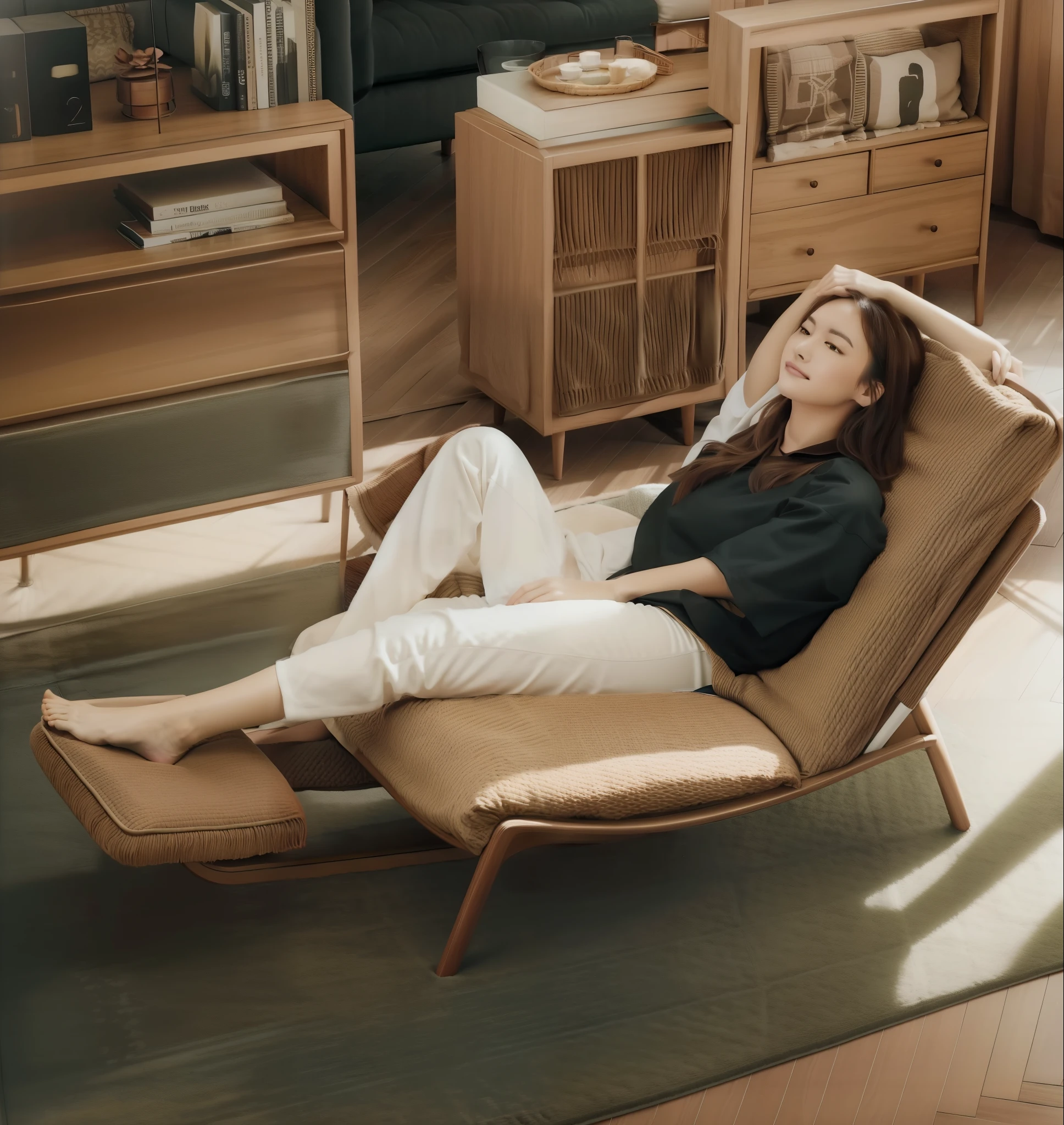woman sitting on lounge chair in living room, 在comfortable chair上, recline, Sit relax and be happy, sitting in rocking chair, Very comfortable], relaxing on a modern couch, bottom corner, close angle, Place in the living room, High resolution scan, High resolution scan, real reality images, comfortable chair
