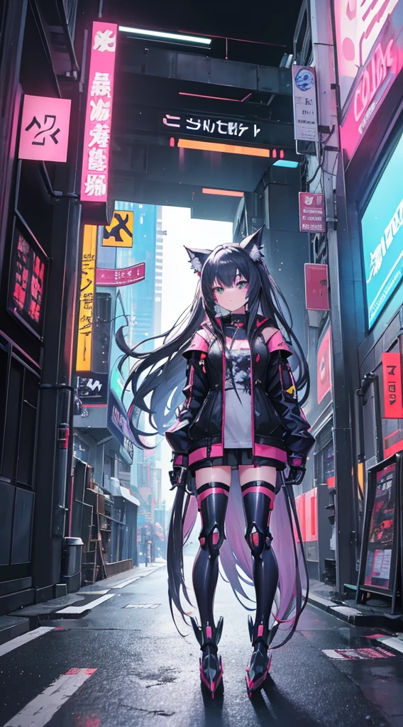 an anime, of a sensual girl with purple hair, green eyes, dressed as a cyberpunk mercenary, urban style, she wields a sword in one hand and a pistol in the other, in the background a futuristic city dazzles with its neon lights.
