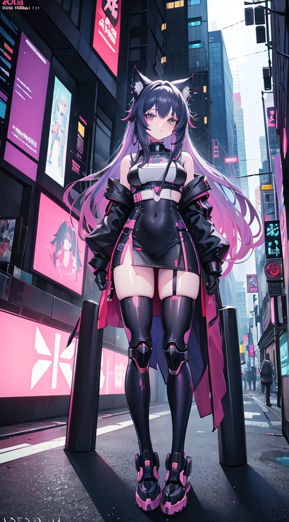 Long-haired cat-eared anime girl in the city, digital cyberpunk anime art, cyberpunk anime girl mech, female cyberpunk anime girl, cyberpunk anime girl, Anime Cyberpunk Art, cute robot girl, Digital Cyberpunk - Animation Art, cyberpunk anime art, Oppei Cyberpunk, anime style 4k, perfect android girl, Cyberpunk beautiful girl, Beautiful robot girlThe clothes are wet，cleavage, Nipples