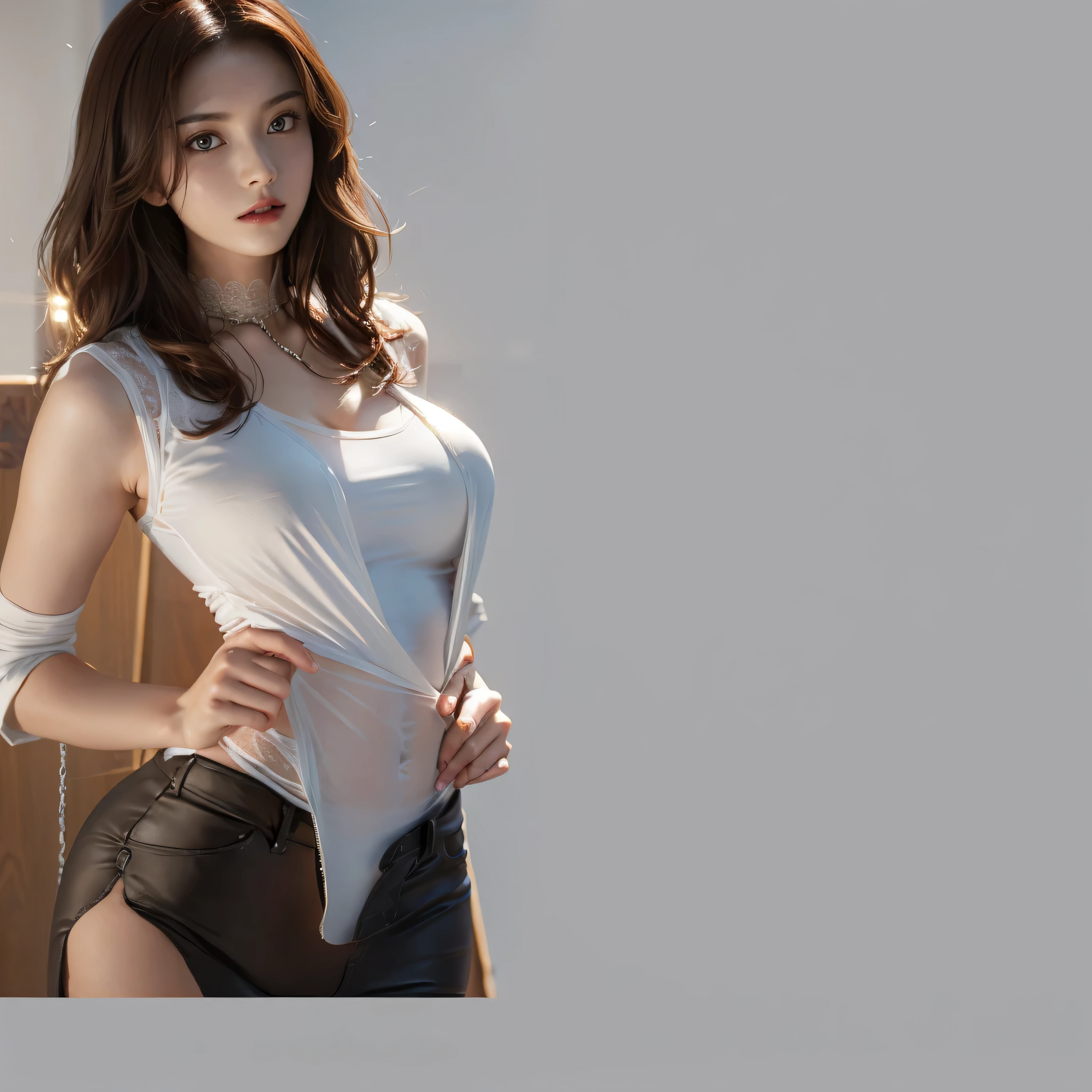 Sunlight, Sunlight, (chiseled abs : 1.1), (Perfect body : 1.1), (Short and wavy hair : 1.2) , auburn hair, collar, chain, whole body image, crowded streets, Wearing a black vest, jean jacket, ((Accurately executed CG 8k wallpaper), (extremely delicate and beautiful), (masterpiece), (best quality:1.0), (ultra high resolution:1.0), beautiful lights ,perfect lightning, Realistic shadows, [high resolution], delicate skin, Super detailed，，extremely plump，For the audience，super fat girl，dark skin，