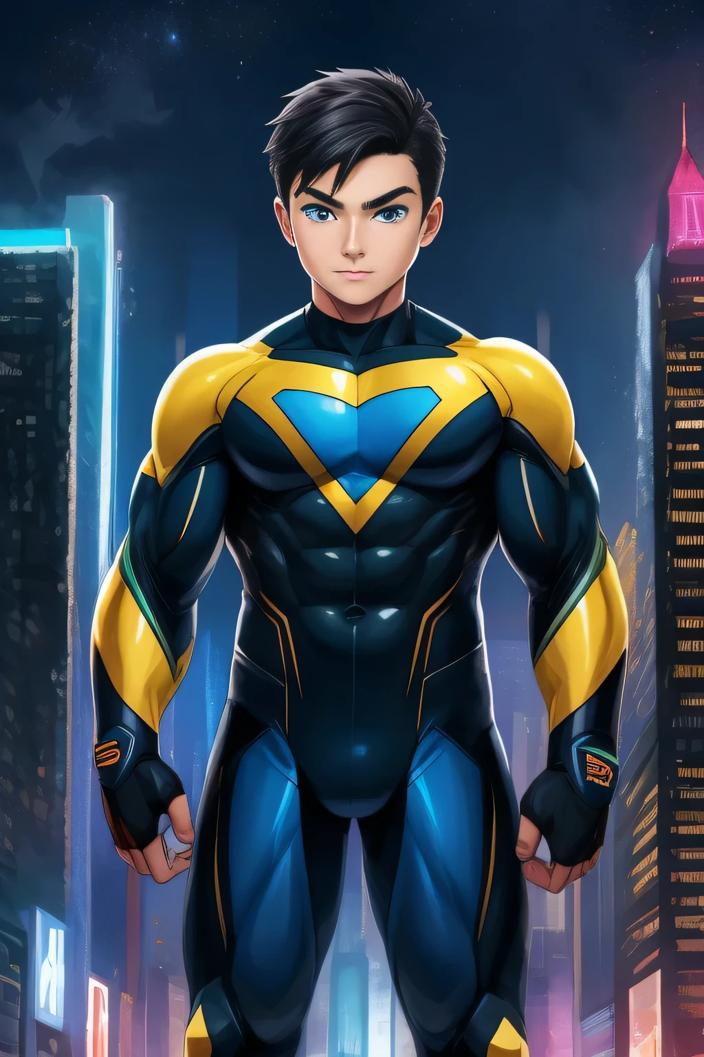 boy, very attractive boy, mexican ethnicity. tan skin, jet black hair, young man, solo, jacked muscle, beautiful musculature, aesthetic striations, inspirational physique, lean muscle, square pecs, beautiful v-taper, great abs and torso, bright bodysuit, standing front, young superhero (young face) ready to fight, top rated pixiv, wears a Bodysuit, very tight bodysuit, chiseled abs, chiseled pecs, with his jet black military haircut and voluminous neck, narrow waist, superhero, white sclera, blue eyes, no horns, brave superhero, human, handsome face, young. City background, skyscraper, futuristic city, night, stars, night lights, skill image, looking to the viewer, hero whose presence inspires trust and respect. (((His hero suit is black and white.)))