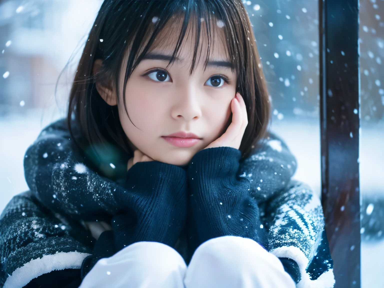 While watching the snow falling quietly. Her introspective and tearful expression、Makes you feel longing for winter nights and melancholy。。。。。。。、highest quality、hyper hd、Yoshitomo Nara, japanese model, with short hair, 15 years old女性モデル, 4k ], 4K], 15 years old, Sakimichan,
