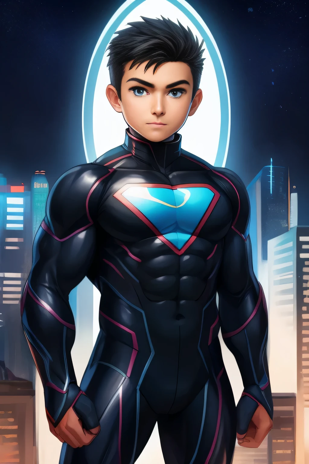 boy, very attractive boy, mexican ethnicity. tan skin, jet black hair, young man, solo, jacked muscle, beautiful musculature, aesthetic striations, inspirational physique, lean muscle, square pecs, beautiful v-taper, great abs and torso, bright bodysuit, standing front, young superhero (young face) ready to fight, top rated pixiv, wears a Bodysuit, very tight bodysuit, chiseled abs, chiseled pecs, with his jet black military haircut and voluminous neck, narrow waist, superhero, white sclera, blue eyes, no horns, brave superhero, human, handsome face, young. City background, skyscraper, futuristic city, night, stars, night lights, skill image, looking to the viewer, hero whose presence inspires trust and respect. (((His hero suit is black and white.)))