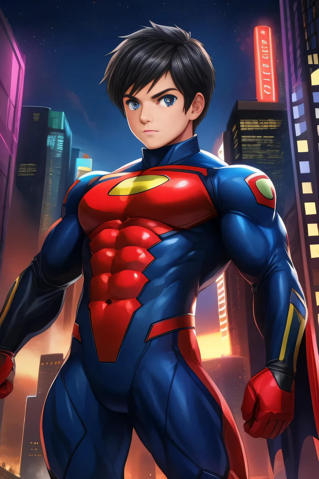 boy, very attractive boy, mexican ethnicity. tan skin, jet black hair, young man, solo, jacked muscle, beautiful musculature, aesthetic striations, inspirational physique, lean muscle, square pecs, beautiful v-taper, great abs and torso, bright bodysuit, standing front, young superhero (young face) ready to fight, top rated pixiv, wears a Bodysuit, very tight bodysuit, chiseled abs, chiseled pecs, with his jet black military haircut and voluminous neck, narrow waist, superhero, white sclera, blue eyes, no horns, brave superhero, human, handsome face, young. City background, skyscraper, futuristic city, night, stars, night lights, skill image, looking to the viewer, hero whose presence inspires trust and respect. (((His hero suit is black and red.)))