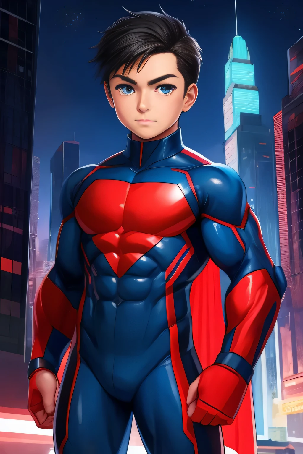 boy, very attractive boy, mexican ethnicity. tan skin, jet black hair, young man, solo, jacked muscle, beautiful musculature, aesthetic striations, inspirational physique, lean muscle, square pecs, beautiful v-taper, great abs and torso, bright bodysuit, standing front, young superhero (young face) ready to fight, top rated pixiv, wears a Bodysuit, very tight bodysuit, chiseled abs, chiseled pecs, with his jet black military haircut and voluminous neck, narrow waist, superhero, white sclera, blue eyes, no horns, brave superhero, human, handsome face, young. City background, skyscraper, futuristic city, night, stars, night lights, skill image, looking to the viewer, hero whose presence inspires trust and respect. (((His hero suit is black and red.)))