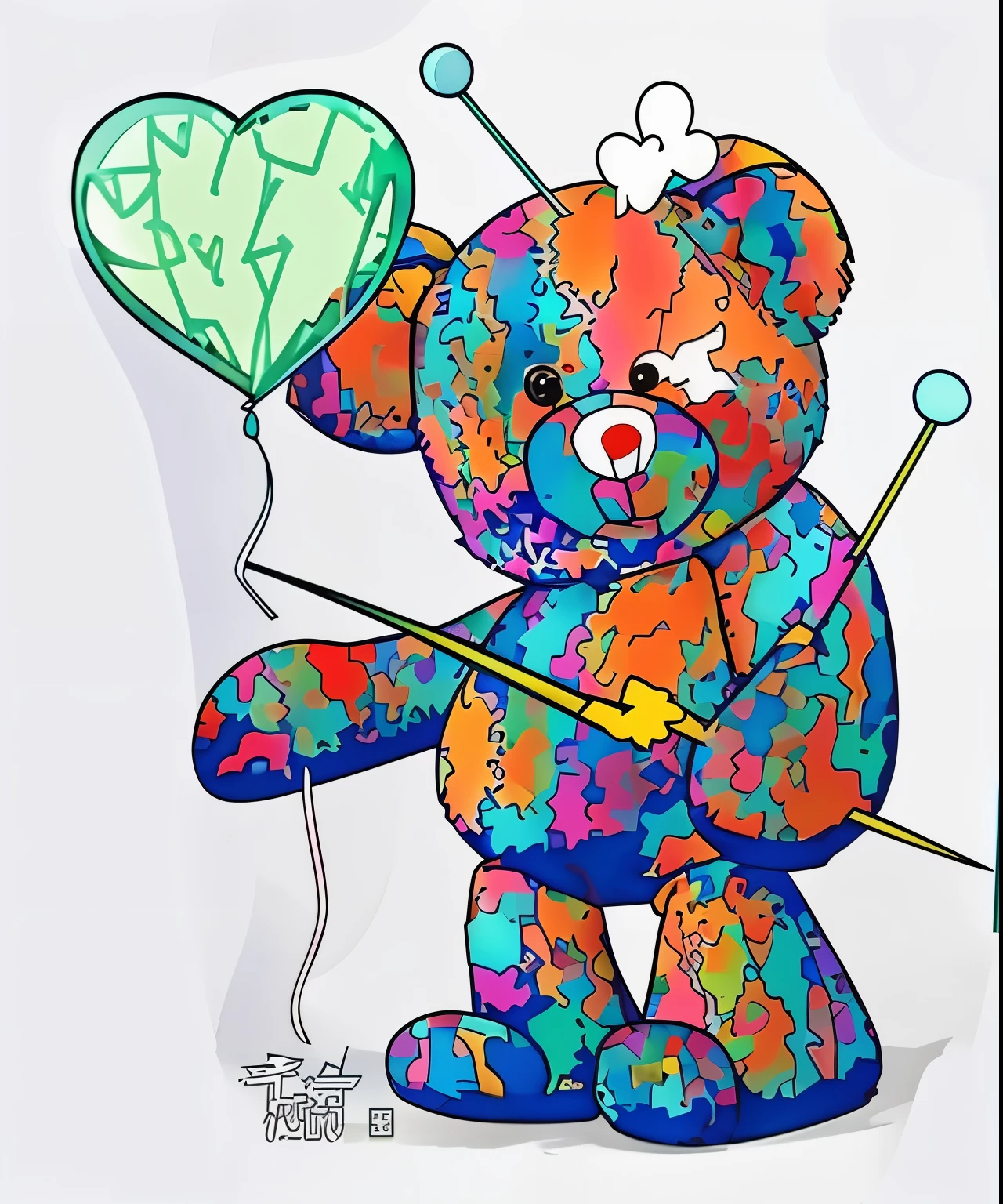 Colorful teddy bear holding heart shaped balloon on stick, Inspired by Haruki Murakami, closure, 灵感来自Murakami Takashi, LSD trip, inspired Murakami Takashi, bellbrick, mandclosure, LSD tattoo design, Murakami Takashi, LSD, Murakami Takashi艺术风格, Toy