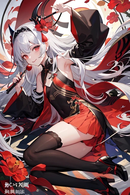 tmasterpiece,HighestQuali,Anime girl with white hair and red dress sitting on bed, White-haired god, onmyoji, Onmyoji detailed art, onmyoji portrait, amaryllis,Official artwork, gapmoe yandere grimdark, yandere intricate, mika kurai demon, shalltear bloodfallen, shikamimi, Best Rated on pixiv, pixiv 3dcg