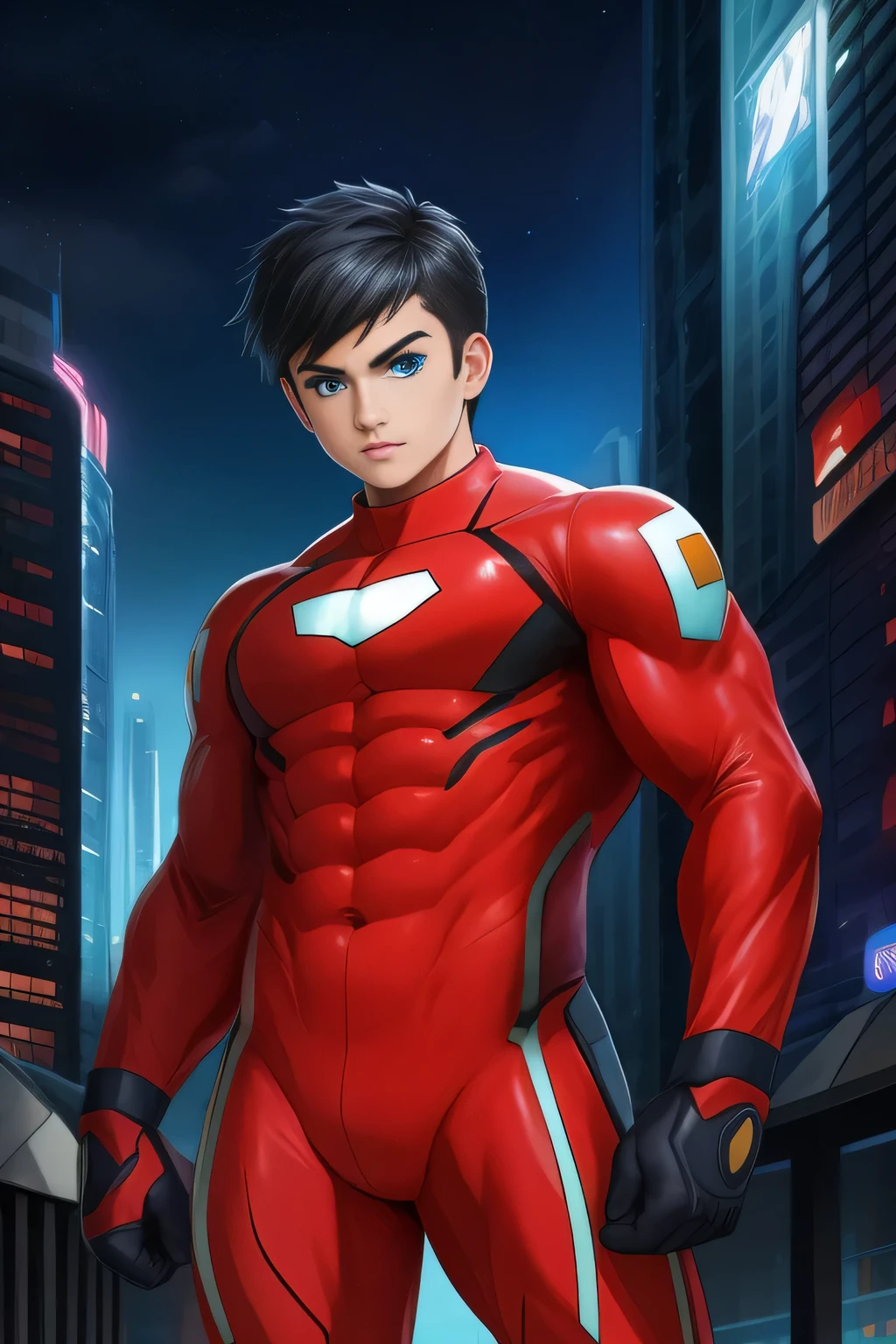 boy, very attractive boy, mexican ethnicity. tan skin, jet black hair, young man, solo, jacked muscle, beautiful musculature, aesthetic striations, inspirational physique, lean muscle, square pecs, beautiful v-taper, great abs and torso, bright bodysuit, standing front, young superhero (young face) ready to fight, top rated pixiv, wears a Bodysuit, very tight bodysuit, chiseled abs, chiseled pecs, with his jet black military haircut and voluminous neck, narrow waist, superhero, white sclera, blue eyes, no horns, brave superhero, human, handsome face, young. City background, skyscraper, futuristic city, night, stars, night lights, skill image, looking to the viewer, hero whose presence inspires trust and respect. (((His hero suit is black and red.)))
