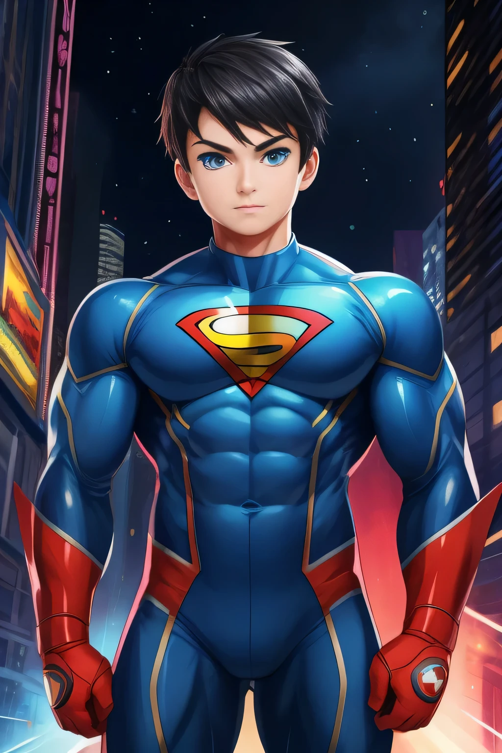 boy, very attractive boy, mexican ethnicity. tan skin, jet black hair, young man, solo, jacked muscle, beautiful musculature, aesthetic striations, inspirational physique, lean muscle, square pecs, beautiful v-taper, great abs and torso, bright bodysuit, standing front, young superhero (young face) ready to fight, top rated pixiv, wears a Bodysuit, very tight bodysuit, chiseled abs, chiseled pecs, with his jet black military haircut and voluminous neck, narrow waist, superhero, white sclera, blue eyes, no horns, brave superhero, human, handsome face, young. City background, skyscraper, futuristic city, night, stars, night lights, skill image, looking to the viewer, hero whose presence inspires trust and respect. (((His hero suit is black and blue.)))