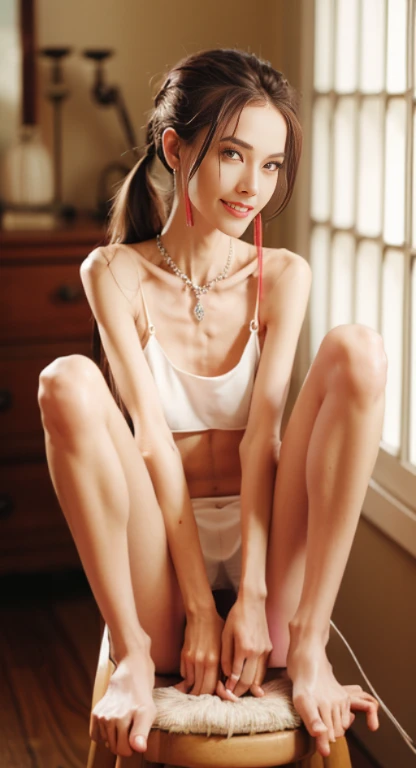 Photograph of an anorexic emaciated extremely skinny American female model, sweaty wet body, the lighting in the room  good, show full height of model from toes up, she  sitting on a stool, her legs are spread open, her knees are apart, she  facing the camera, she  looking at the camera, her body  wet with sweat, wide diamond neck choker 12 inches wide,  beautiful colored necklace, show breasts, show legs, she has a big smile, her teeth are showing, medium sized breasts, long purple hair in pigtails, large hoop earings, bright red lipstick, incredibly skinny body, extremely skinny body, emaciated body, tiniest waist ever, well-defined collar bones, well-defined hip bones, well-defined ribcage, extremely skinny arms and legs, weak and fragile body, masterpiece, anatomically correct, textured skin, super detail, high details, high quality, best quality.