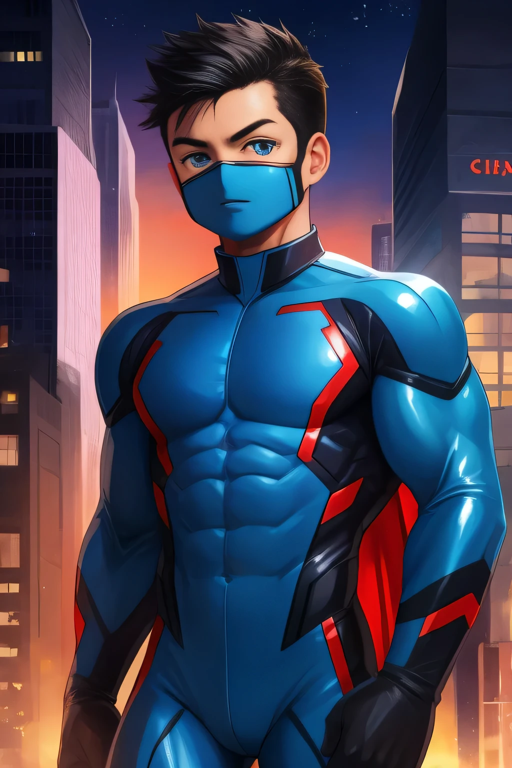 boy, very attractive boy, mexican ethnicity. tan skin, jet black hair, young man, solo, jacked muscle, beautiful musculature, aesthetic striations, inspirational physique, lean muscle, square pecs, beautiful v-taper, great abs and torso, bright bodysuit, standing front, young superhero (young face) ready to fight, top rated pixiv, wears a Bodysuit, very tight bodysuit, chiseled abs, chiseled pecs, with his jet black military haircut and voluminous neck, narrow waist, superhero, white sclera, blue eyes, no horns, brave superhero, human, handsome face, young. City background, skyscraper, futuristic city, night, stars, night lights, skill image, looking to the viewer, hero whose presence inspires trust and respect. (((His hero suit is black and blue.)))