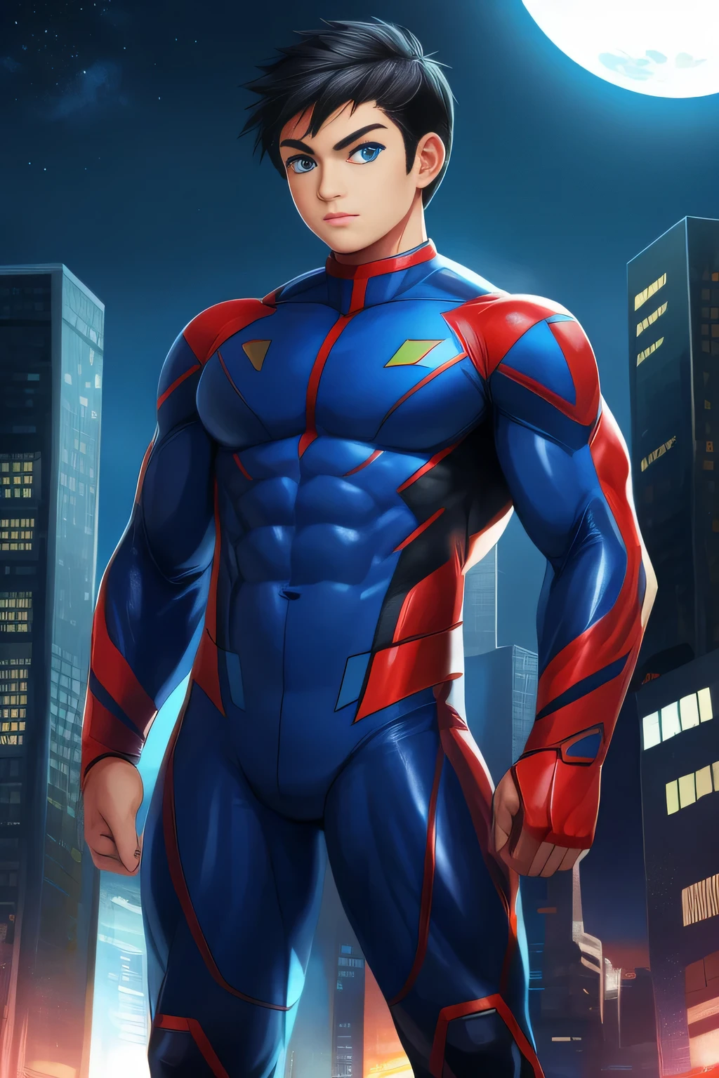boy, very attractive boy, mexican ethnicity. tan skin, jet black hair, young man, solo, jacked muscle, beautiful musculature, aesthetic striations, inspirational physique, lean muscle, square pecs, beautiful v-taper, great abs and torso, bright bodysuit, standing front, young superhero (young face) ready to fight, top rated pixiv, wears a Bodysuit, very tight bodysuit, chiseled abs, chiseled pecs, with his jet black military haircut and voluminous neck, narrow waist, superhero, white sclera, blue eyes, no horns, brave superhero, human, handsome face, young. City background, skyscraper, futuristic city, night, stars, night lights, skill image, looking to the viewer, hero whose presence inspires trust and respect. (((His hero suit is black and blue.)))
