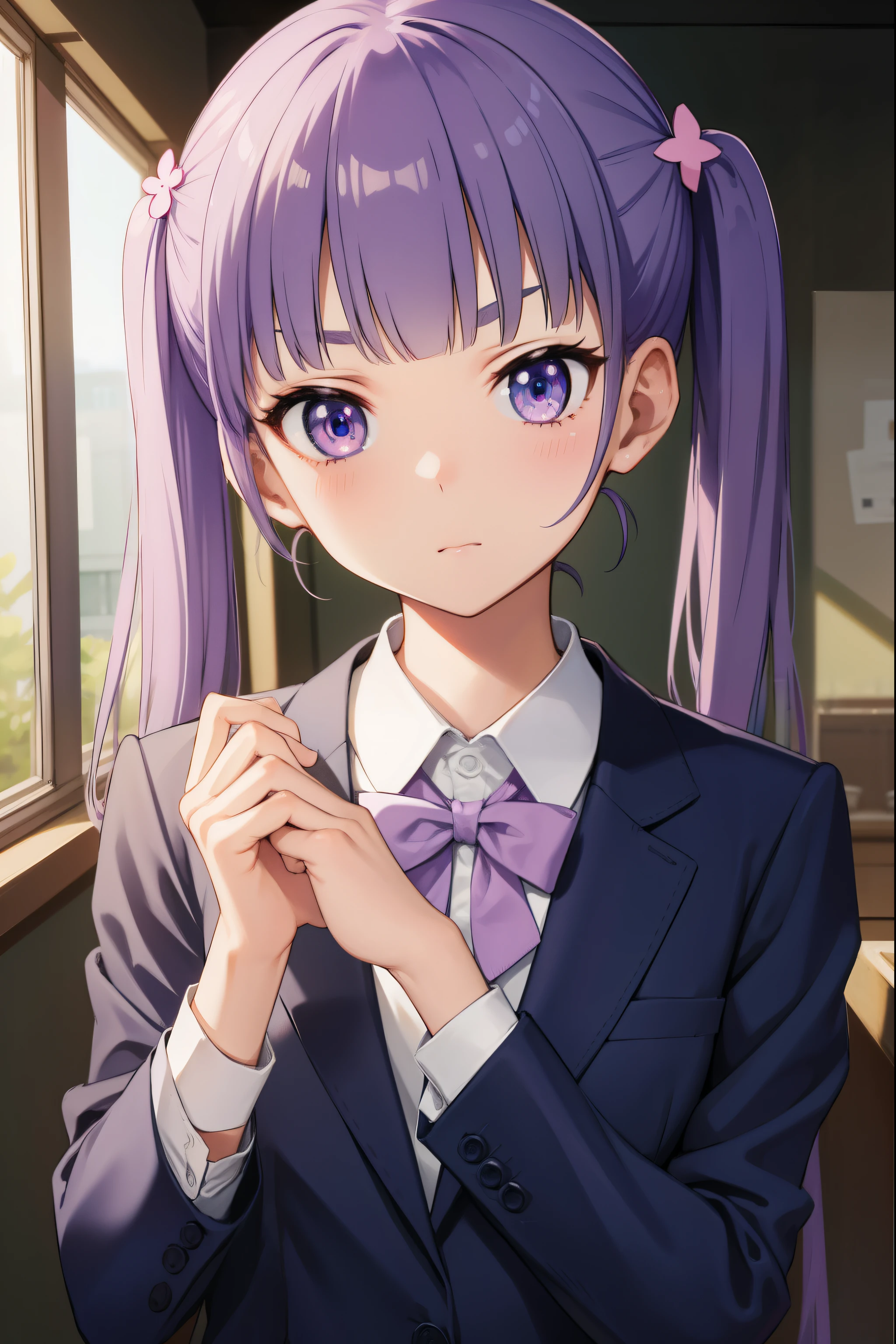 aobasuzukaze, aoba suzukaze, eyebrows, hair ornament, long hair, (purple eyes:1.1), purple hair, twintails,
BREAK blue skirt, bow, bowtie, business suit, dress shirt, formal, neck ribbon, pink bow, pink bowtie, pink ribbon, ribbon, shirt, skirt, skirt suit, suit, white shirt,
BREAK looking at viewer,
BREAK indoors, office,
BREAK (masterpiece:1.2), best quality, high resolution, unity 8k wallpaper, (illustration:0.8), (beautiful detailed eyes:1.6), extremely detailed face, perfect lighting, extremely detailed CG, (perfect hands, perfect anatomy),