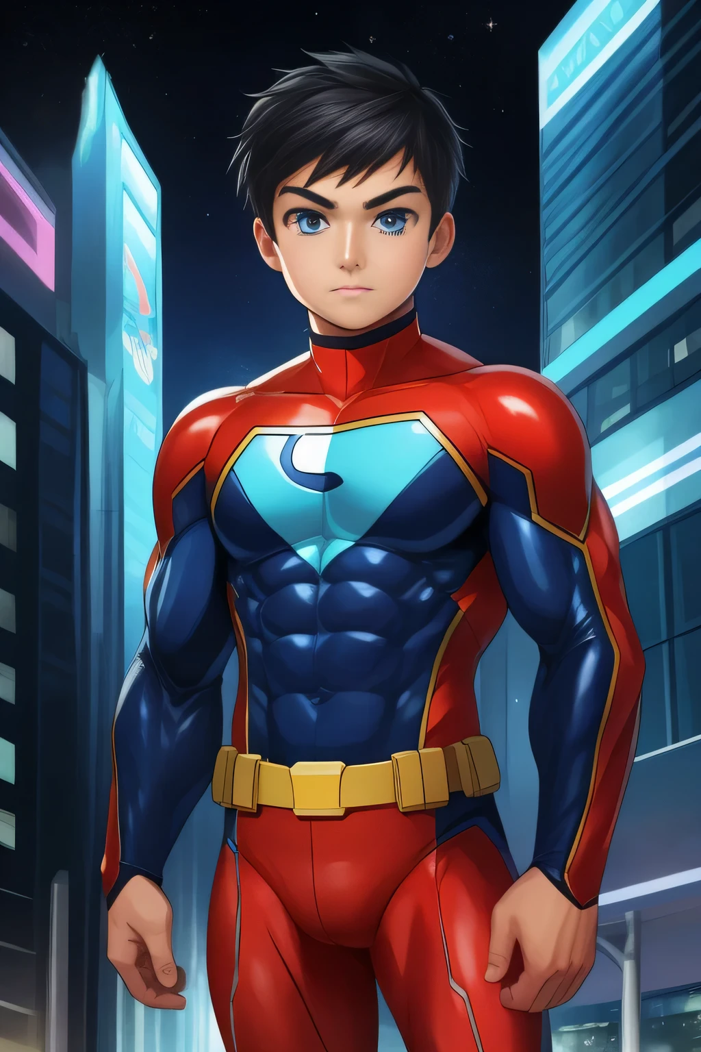 boy, very attractive boy, mexican ethnicity. tan skin, jet black hair, young man, solo, jacked muscle, beautiful musculature, aesthetic striations, inspirational physique, lean muscle, square pecs, beautiful v-taper, great abs and torso, bright bodysuit, standing front, young superhero (young face) ready to fight, top rated pixiv, wears a Bodysuit, very tight bodysuit, chiseled abs, chiseled pecs, with his jet black military haircut and voluminous neck, narrow waist, superhero, white sclera, blue eyes, no horns, brave superhero, human, handsome face, young. City background, skyscraper, futuristic city, night, stars, night lights, skill image, looking to the viewer, hero whose presence inspires trust and respect. (((His hero suit is black and blue.)))
