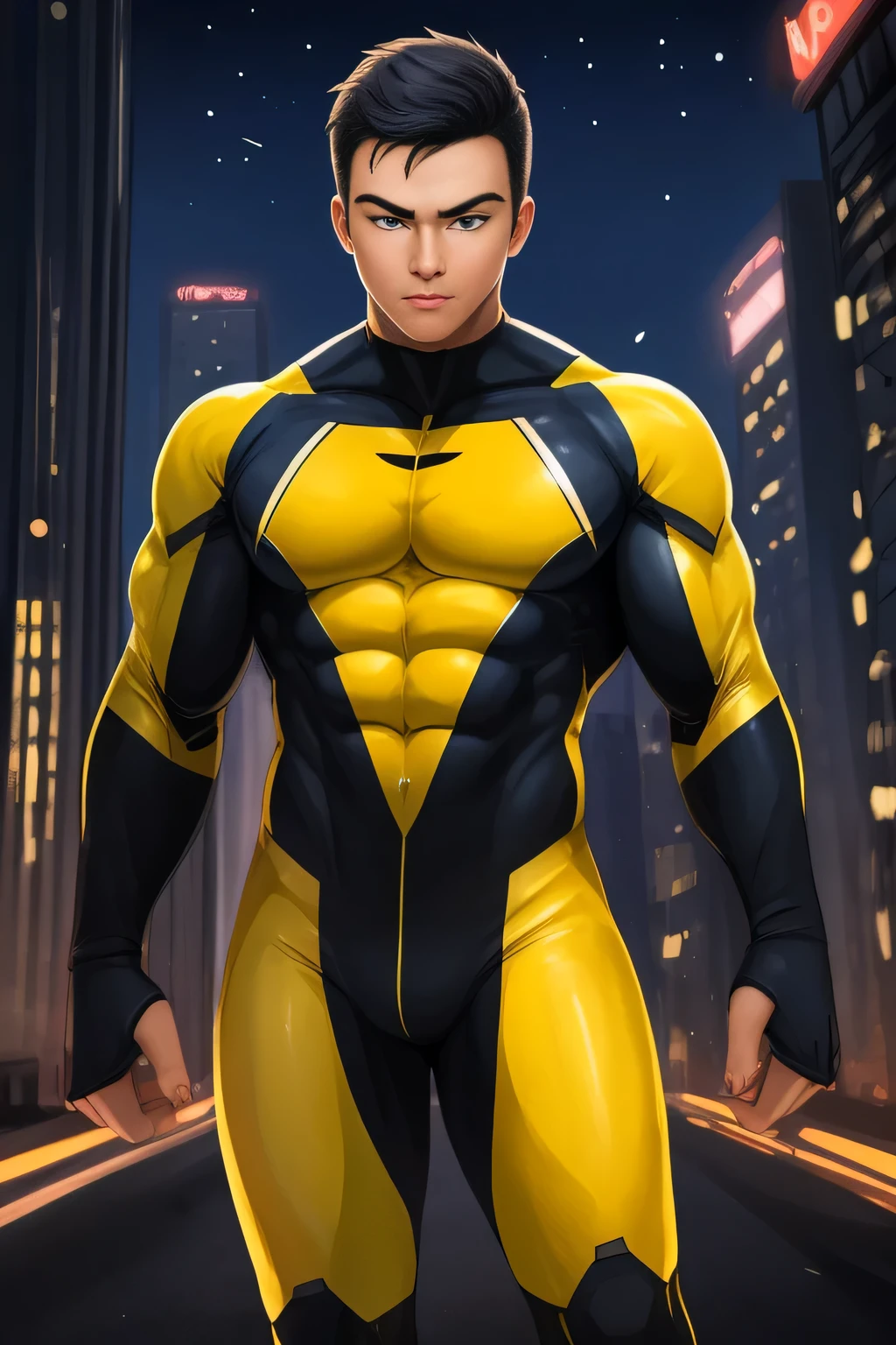 (((TAN SKIN, TANNED BOY)) boy, very attractive boy, mexican ethnicity. tan skin, jet black hair, young man, solo, jacked muscle, beautiful musculature, aesthetic striations, inspirational physique, lean muscle, square pecs, beautiful v-taper, great abs and torso, bright bodysuit, standing front, young superhero (young face) ready to fight, top rated pixiv, wears a Bodysuit, very tight bodysuit, chiseled abs, chiseled pecs, with his jet black military haircut and voluminous neck, narrow waist, superhero, white sclera, blue eyes, no horns, brave superhero, human, handsome face, young. City background, skyscraper, futuristic city, night, stars, night lights, skill image, looking to the viewer, hero whose presence inspires trust and respect. (((His hero suit is black and yellow.)))