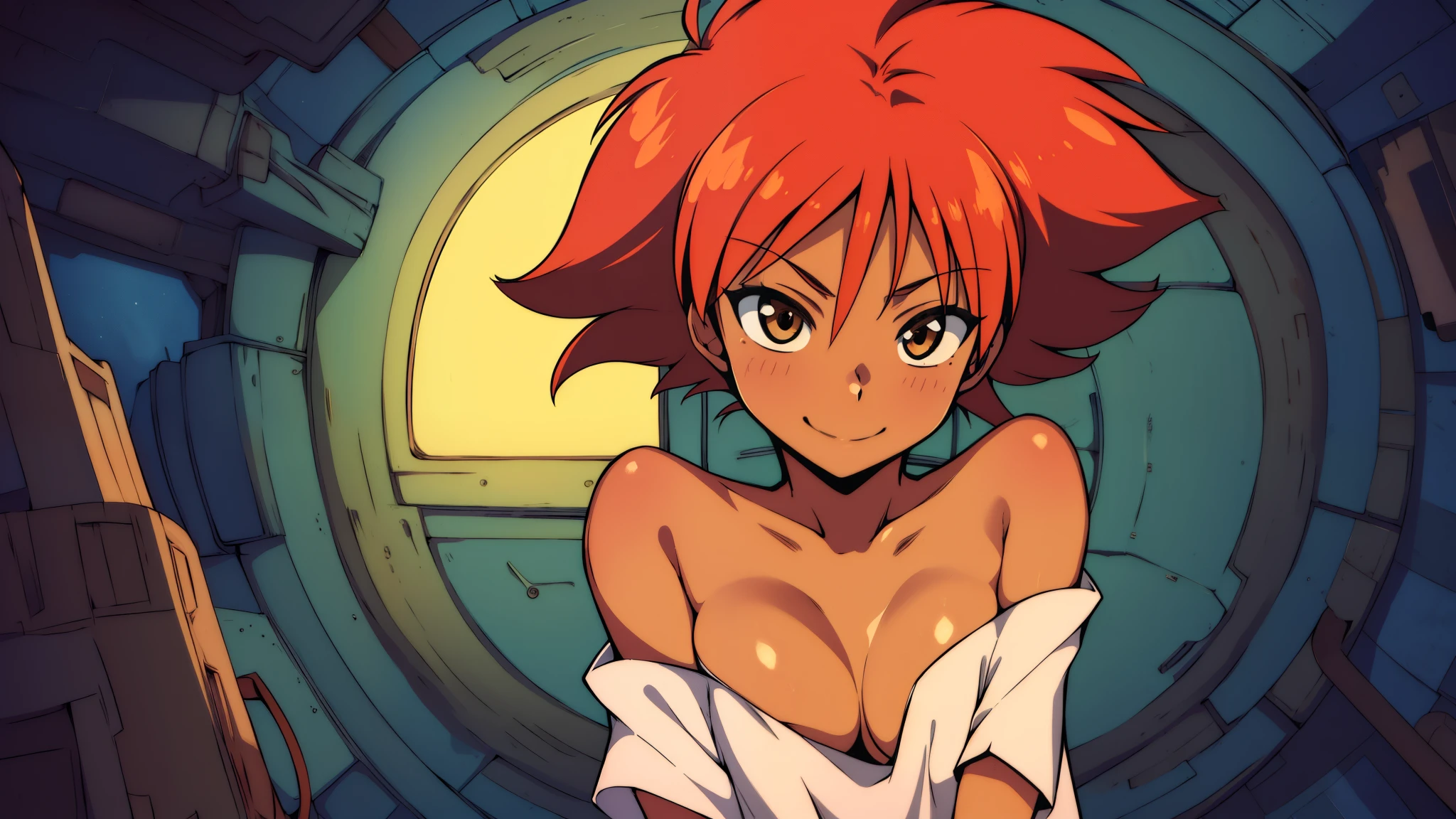 Edward,midriff,orange hair,white shirt,off shoulder,collarbone,tan skin, bike shorts,goggles, brown eyes, space station,engine room, upper body,sitting,smiling, bedroom eyes, under boob, breasts, cleavage (insanely detailed, beautiful detailed face, masterpiece, best quality),