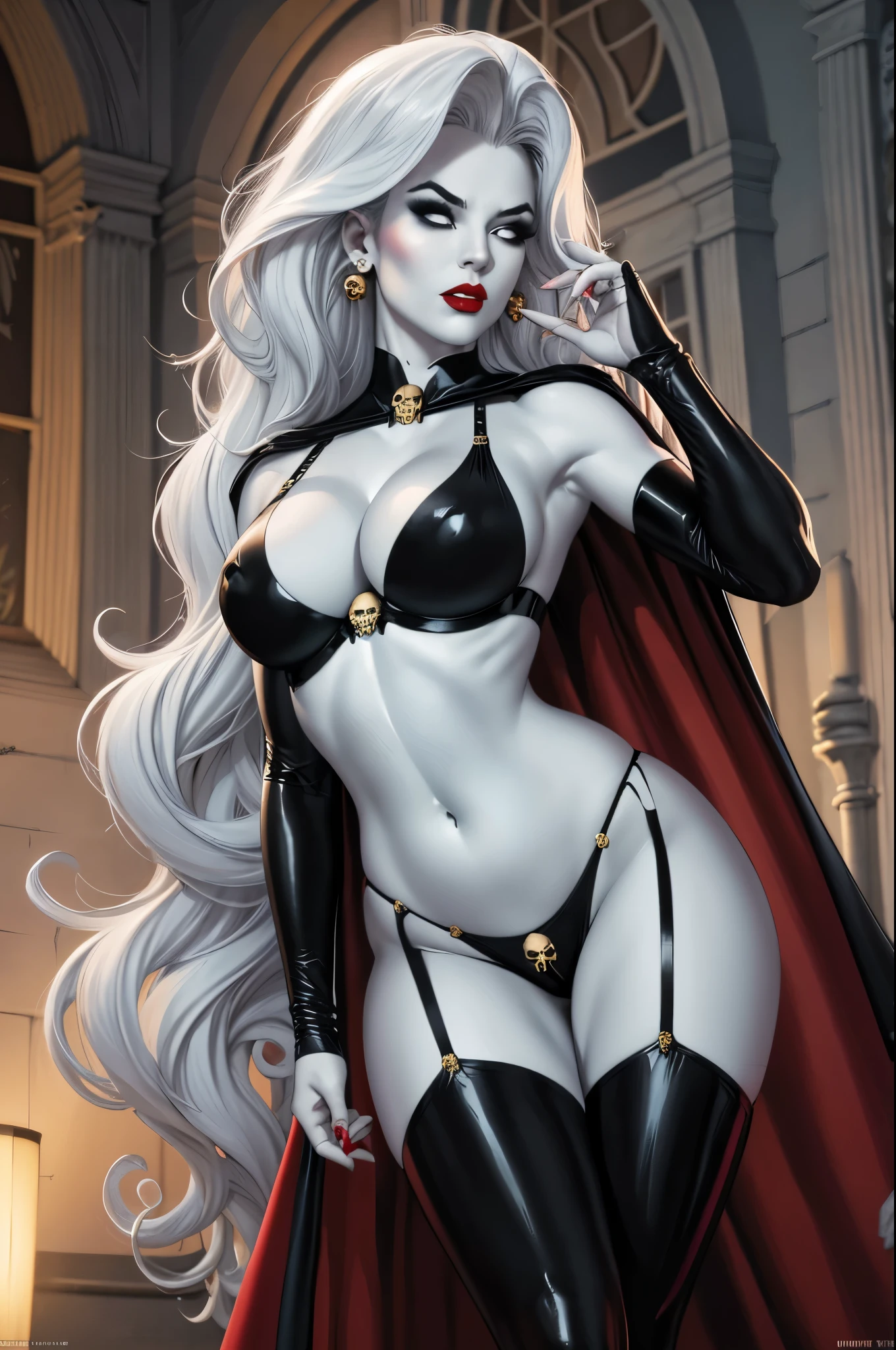 foreshortening,  CARTOON_lady_death_bikini_ownwaifu,.ownwaifu.com, angry, 
mascara, blank_eyes,long hair,breasts,white hair,makeup,colored skin,navel,lipstick,large breasts,wavy hair,white skin,lips,curly hair,red lips,very long hair,toned, narrow_waist, curvy,pale skin, thick_eyelashes, thick eyebrows, big hair, 
thighhighs,cape,cleavage,jewelry,earrings,garter straps,garter belt,gloves,piercing,red cape,blood,elbow gloves,armor,black legwear,collar,thong,black bikini,skull earrings, highleg, 
 official art,extremely detailed CG unity 8k wallpaper, perfect lighting,Colorful, Bright_Front_face_Lighting,shiny skin, (masterpiece:1.0),(best_quality:1.0), ultra high res,4K,ultra-detailed, photography, 8K, HDR, highres, (absurdres:1.2), Kodak portra 400, film grain, blurry background, (bokeh:1.2), lens flare, (vibrant_color:1.2),professional photograph, (beautiful_face:1.5),