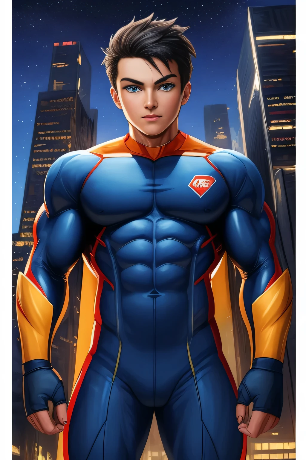 (((TAN SKIN, TANNED BOY)) boy, very attractive boy, mexican ethnicity. tan skin, jet black hair, young man, solo, jacked muscle, beautiful musculature, aesthetic striations, inspirational physique, lean muscle, square pecs, beautiful v-taper, great abs and torso, bright bodysuit, standing front, young superhero (young face) ready to fight, top rated pixiv, wears a Bodysuit, very tight bodysuit, chiseled abs, chiseled pecs, with his jet black military haircut and voluminous neck, narrow waist, superhero, white sclera, blue eyes, no horns, brave superhero, human, handsome face, young. City background, skyscraper, futuristic city, night, stars, night lights, skill image, looking to the viewer, hero whose presence inspires trust and respect. (((His hero suit is black and yellow.)))