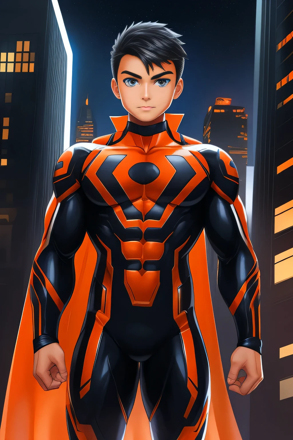 (((TAN SKIN, TANNED BOY)) boy, very attractive boy, mexican ethnicity. tan skin, jet black hair, young man, solo, jacked muscle, beautiful musculature, aesthetic striations, inspirational physique, lean muscle, square pecs, beautiful v-taper, great abs and torso, bright bodysuit, standing front, young superhero (young face) ready to fight, top rated pixiv, wears a Bodysuit, very tight bodysuit, chiseled abs, chiseled pecs, with his jet black military haircut and voluminous neck, narrow waist, superhero, white sclera, blue eyes, no horns, brave superhero, human, handsome face, young. City background, skyscraper, futuristic city, night, stars, night lights, skill image, looking to the viewer, hero whose presence inspires trust and respect. (((His hero suit is black and orange.)))