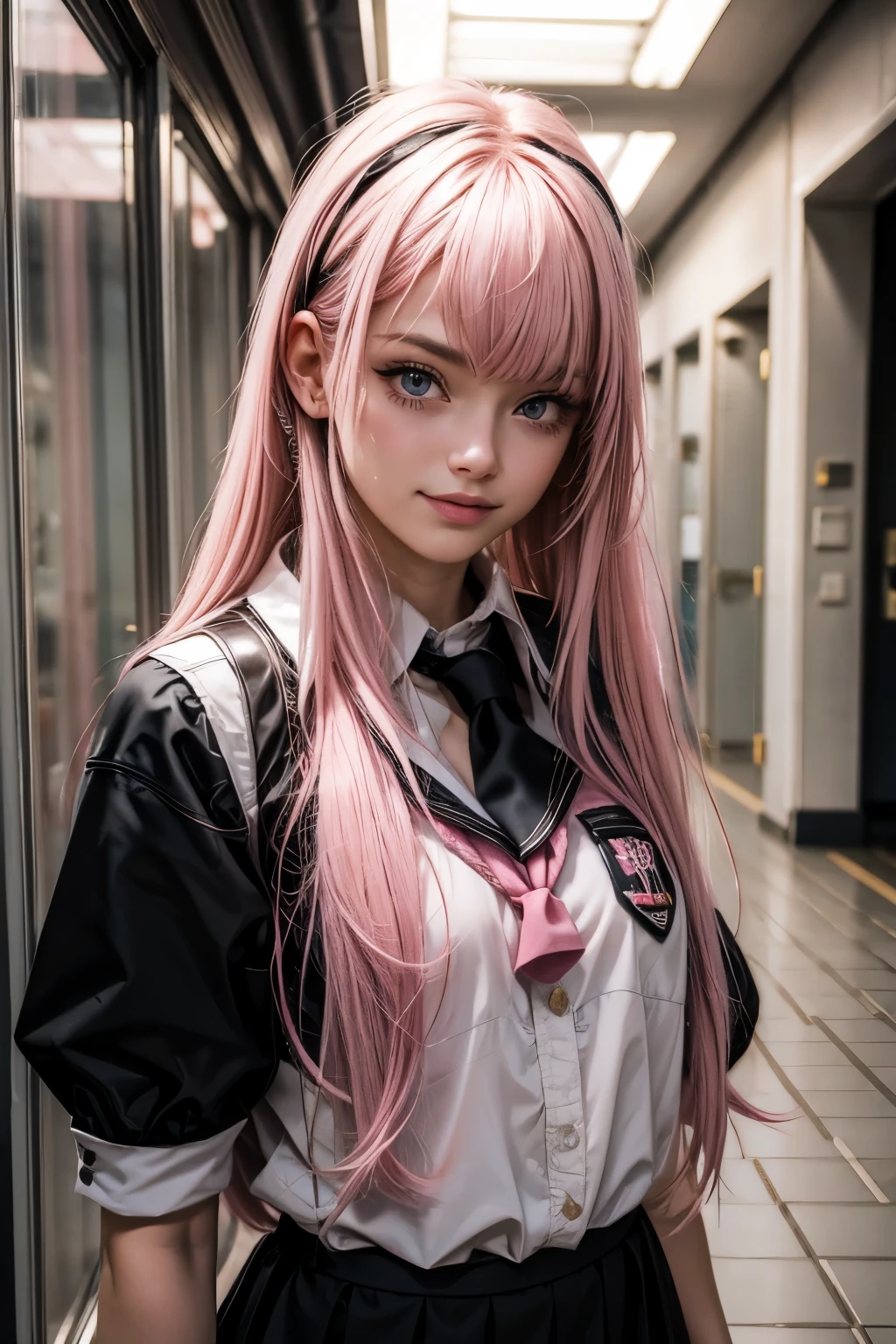 (1Girl, Russian, Beautiful, smiling, 18yo, ((Messy pink hair with a fringe)), (pink perfects eyes), ((wearing ((black)) school uniform))), ((In a school corridor)),