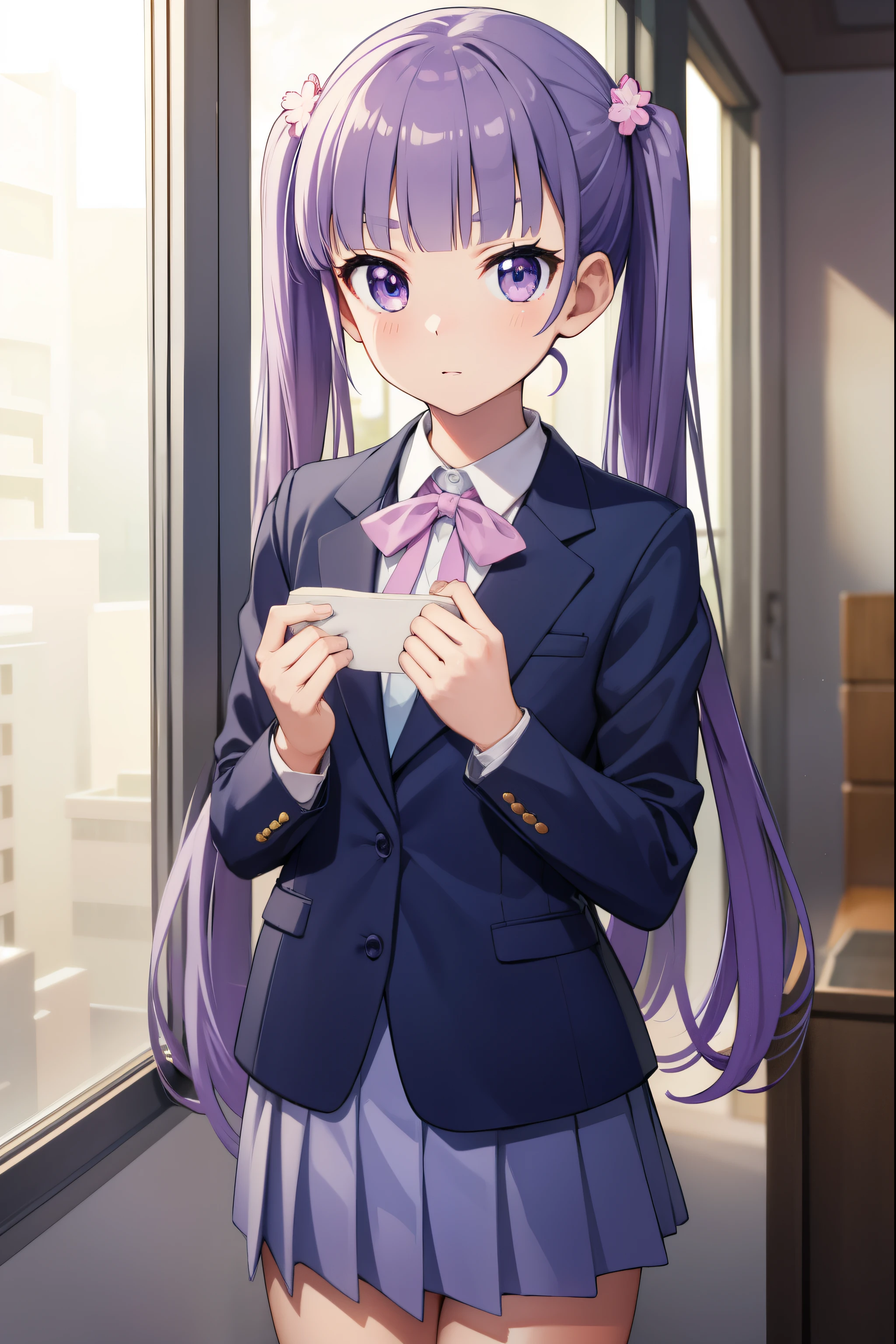 aobasuzukaze, aoba suzukaze, eyebrows, hair ornament, long hair, (purple eyes:1.1), purple hair, twintails,
BREAK blue skirt, bow, bowtie, business suit, dress shirt, formal, neck ribbon, pink bow, pink bowtie, pink ribbon, ribbon, shirt, skirt, skirt suit, suit, white shirt,
BREAK looking at viewer,
BREAK indoors, office,
BREAK (masterpiece:1.2), best quality, high resolution, unity 8k wallpaper, (illustration:0.8), (beautiful detailed eyes:1.6), extremely detailed face, perfect lighting, extremely detailed CG, (perfect hands, perfect anatomy),