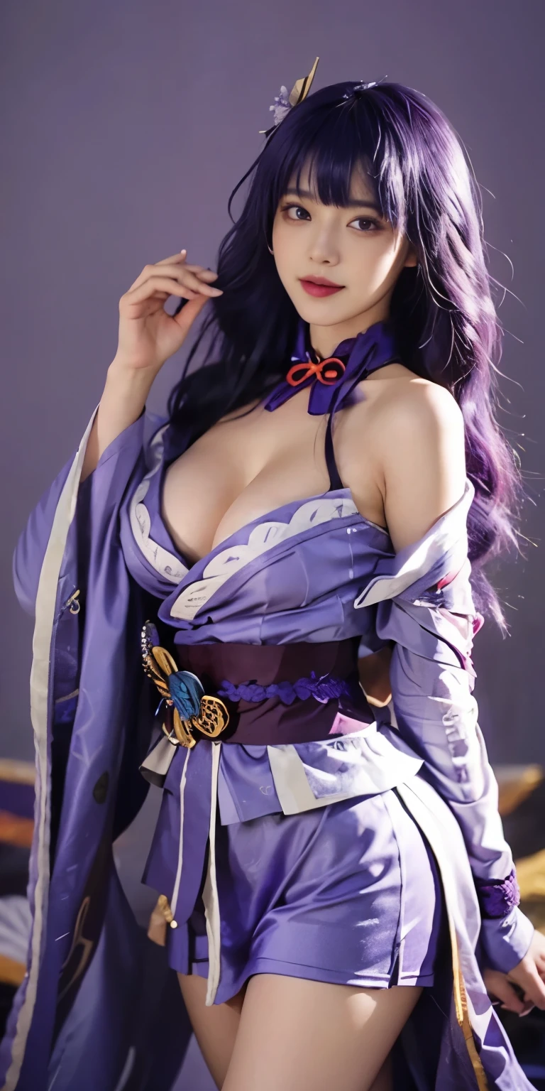 1girl, flat bangs, (stabding with bending forward pose: 1.2), braids, wide sleeves, hair accessories, kimono, red belt, (purple hair:1.2), very long hair, straight hair, looking at the audience, plain white background, (realism: 1.2), detailed eyes, red eye shadow, depth of field, symmetrical eyes, cleavage, dancinasterpiece, top quality, best quality, official art, beauty and aesthetics: 1.2), (1 girl), extreme detail, (fractal art: 1.5), highest detail, [blue feathers|purple feathers] hair, Very long hair, (scattered), (flowing hair: 1.5), hair background, bare shoulders, (collarbone: 0.9), smile, big breasts, 36d, big breasts, sexy, buttocks, hot, big breasts, cleavage, big tits, detailed, white background