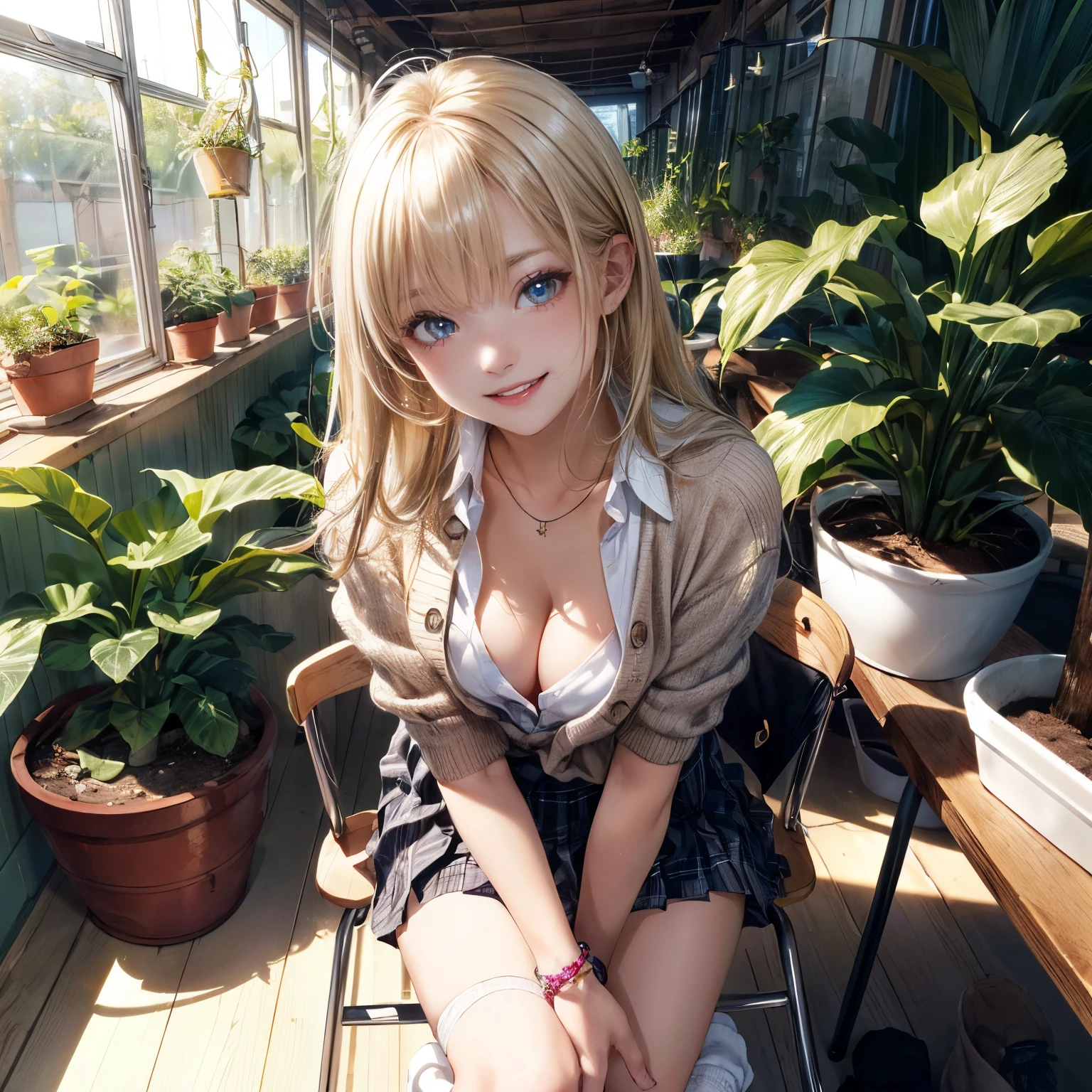 absurderes, ultra-detailliert,bright colour,(in 8K:1.3),masterpiece,extremely beautiful detailed face and eyes, 25 years old,(School Uniforms:1.2), (gals:1.2), (White shirt:1.3), (Wrap a beige cardigan around your waist:1.3), ((cleavage, Unbuttoned):1.2), (Plaid pleated skirt:1.2), (Necklace,Colorful bracelets,(Loose socks:1.4), X-Hair,
Large windows, a bright small greenhouse, (houseplants lined up closely), (lots of potted plants), potted flowers, bright sunlight, lens flare, tropical trees, wooden chairs, waterholes, small birds, 
(Smooth straight blonde hair:1.3), (Shiny hair:1.2), Delicate beautiful face, red blush、Deep Blue Eyes, (Happy smiling face:1.2),Small necklace,(raise finger on chair),Full body