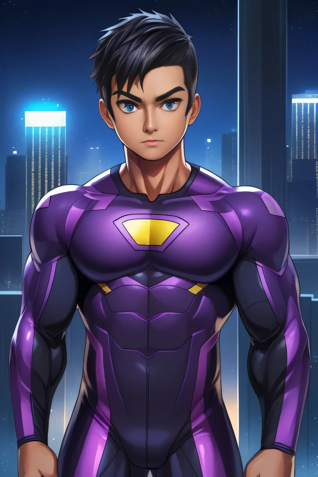 (((TAN SKIN, TANNED BOY)) boy, very attractive boy, mexican ethnicity. tan skin, jet black hair, almost completely shaved hair, young man, solo, jacked muscle, beautiful musculature, aesthetic striations, inspirational physique, lean muscle, square pecs, beautiful v-taper, great abs and torso, bright bodysuit, standing front, young superhero (young face) ready to fight, top rated pixiv, wears a Bodysuit, very tight bodysuit, chiseled abs, chiseled pecs, with his jet black military haircut and voluminous neck, almost completely shaved hair, narrow waist, superhero, white sclera, blue eyes, no horns, brave superhero, human, handsome face, young. City background, skyscraper, futuristic city, night, stars, night lights, skill image, looking to the viewer, hero whose presence inspires trust and respect. (((His hero suit is black and purple.)))
