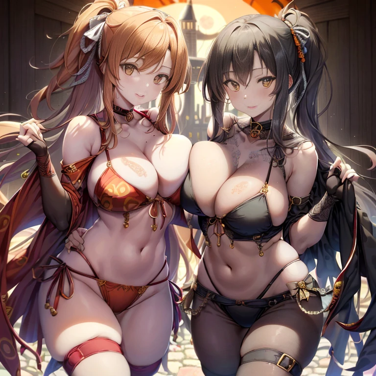 masutepiece, Best Quality, One girl, (Beautiful Girl:1.3), (18 years old:1.3), Very fine eye definition, (Symmetrical eyes:1.3), Big yellow full moon, (Sexy Halloween Costumes, Beautiful collarbone:1.2), Beautiful breasts, Brown eyes, Parted bangs, Brown hair, Petite girl, Dracula's Castle