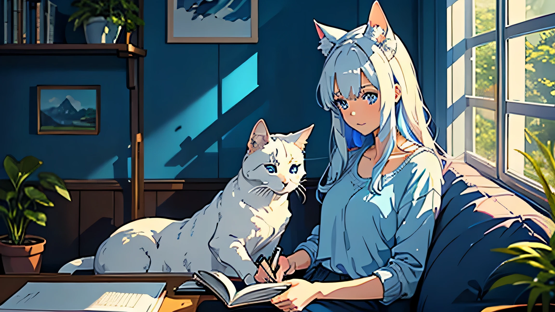 Create digital artwork in anime style, Caucasian woman is studying in a small blue room, casual fashion, movie color scheme, surrounded by dogs, vivid brush strokes, Emotions must be dynamic, Upper body, drawing, figure, lots of plants, blue eyes, reading a book, with cat ears