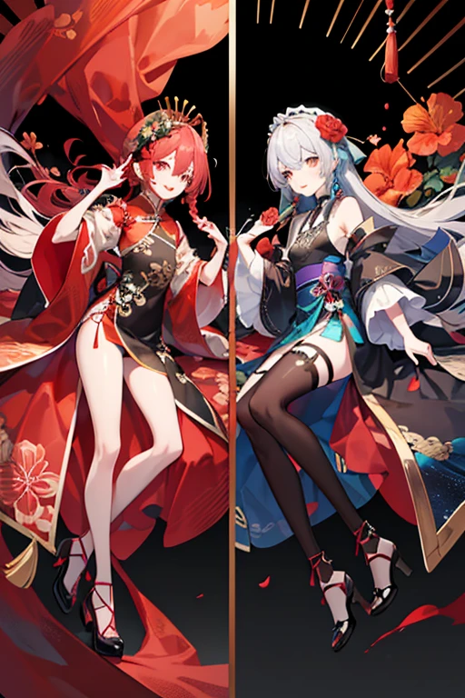 Two Asian women in costume posing for photo, Popular topics on cgstation, gas station trends, wlop and samu rice cereal, xianxia fantasy, Central Plains Universe, full body xianxia, Ruan Jia and Artgerm, 千 葉 雄 大, Sam rice cereal