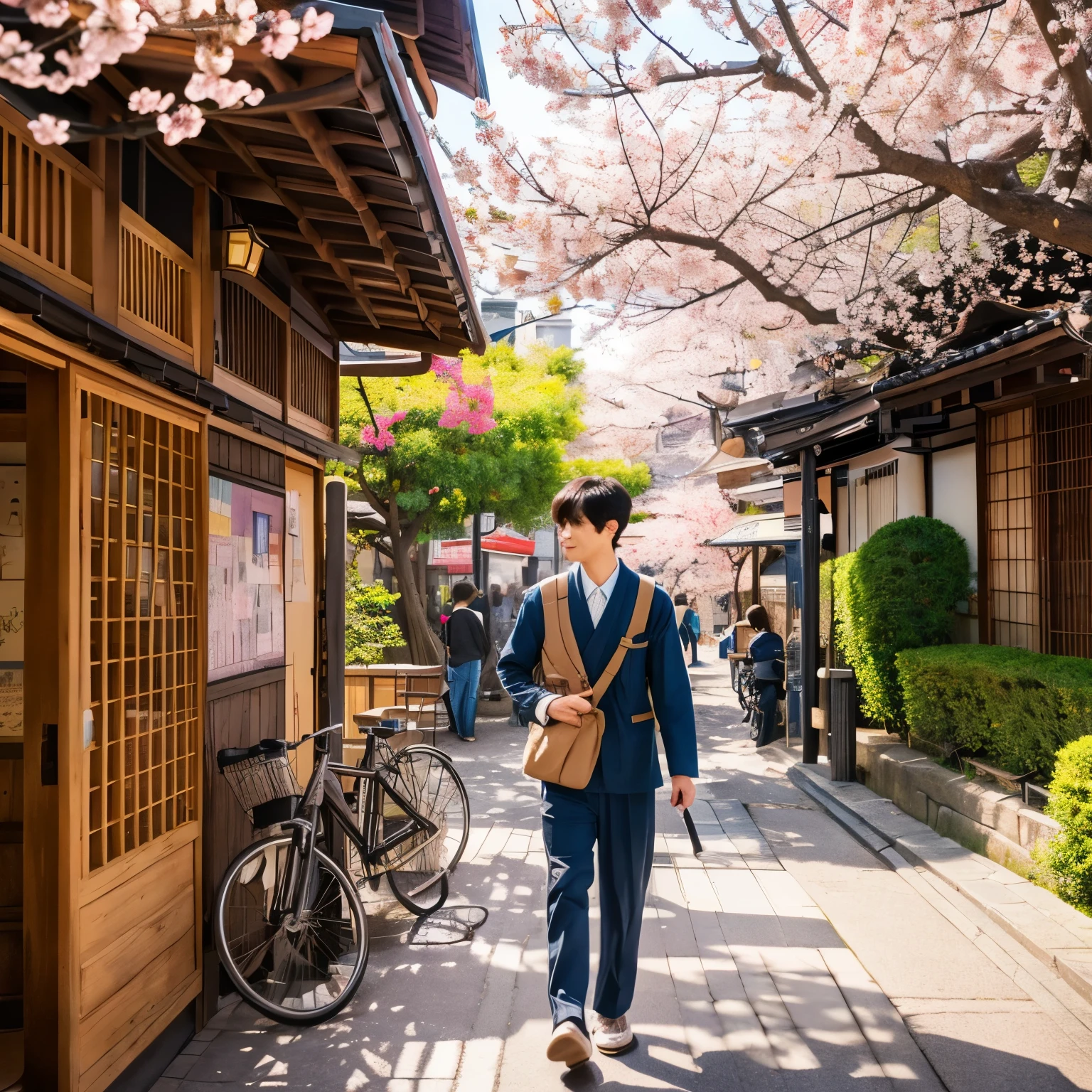 a young man in his 20s in Japan, vibrant and stylish, with fashionable clothing and hairstyle, in a lively urban setting. The scene is set during cherry blossom season, with beautiful sakura flowers blooming all around. The man is surrounded by traditional Japanese architecture, with a mix of modern and ancient buildings. The colors are vibrant and vivid, with a warm and inviting atmosphere. The lighting is soft and gentle, with the sunlight filtering through the cherry blossoms, creating a magical and ethereal ambiance. The overall art style is a combination of traditional and contemporary influences, with a touch of anime-inspired aesthetics. The image quality is top-notch, with ultra-fine details and realistic textures. The focus is sharp, capturing every intricate detail of the scene. The artwork is produced using a mix of medium, including digital painting and 3D rendering, resulting in a visually stunning masterpiece.