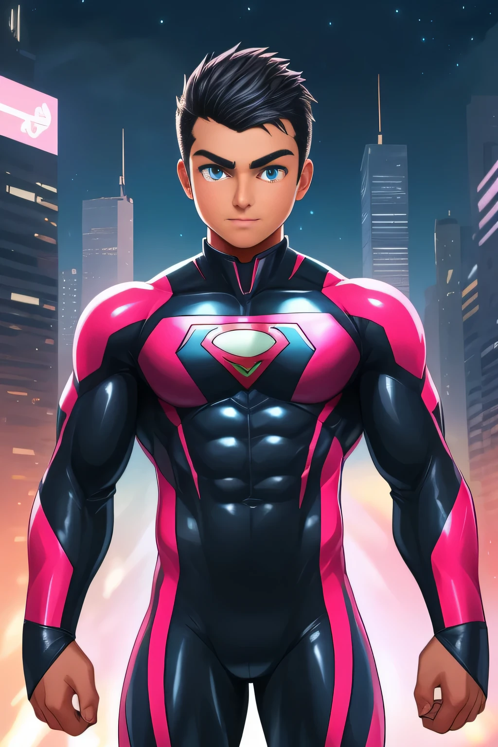 (((TAN SKIN, TANNED BOY)) boy, very attractive boy, mexican ethnicity. tan skin, jet black hair, almost completely shaved hair, young man, solo, jacked muscle, beautiful musculature, aesthetic striations, inspirational physique, lean muscle, square pecs, beautiful v-taper, great abs and torso, bright bodysuit, standing front, young superhero (young face) ready to fight, top rated pixiv, wears a Bodysuit, very tight bodysuit, chiseled abs, chiseled pecs, with his jet black military haircut and voluminous neck, almost completely shaved hair, narrow waist, superhero, white sclera, blue eyes, no horns, brave superhero, human, handsome face, young. City background, skyscraper, futuristic city, night, stars, night lights, skill image, looking to the viewer, hero whose presence inspires trust and respect. (((His hero suit is black and pink.))) (((BACK))) huge and firm muscular thighs, round buttocks and round butt inward with the back, shapely buttocks, firm ass ((firm and shapely buttocks))