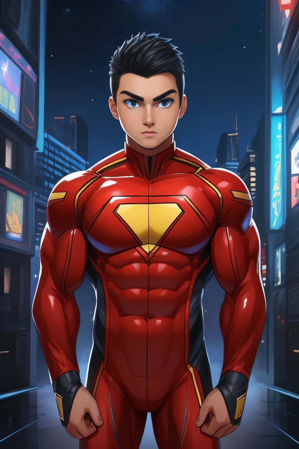 (((TAN SKIN, TANNED BOY)) boy, very attractive boy, mexican ethnicity. tan skin, jet black hair, almost completely shaved hair, young man, solo, jacked muscle, beautiful musculature, aesthetic striations, inspirational physique, lean muscle, square pecs, beautiful v-taper, great abs and torso, bright bodysuit, standing front, young superhero (young face) ready to fight, top rated pixiv, wears a Bodysuit, very tight bodysuit, chiseled abs, chiseled pecs, with his jet black military haircut and voluminous neck, almost completely shaved hair, narrow waist, superhero, white sclera, blue eyes, no horns, brave superhero, human, handsome face, young. City background, skyscraper, futuristic city, night, stars, night lights, skill image, looking to the viewer, hero whose presence inspires trust and respect. (((His hero suit is black and brown.)))