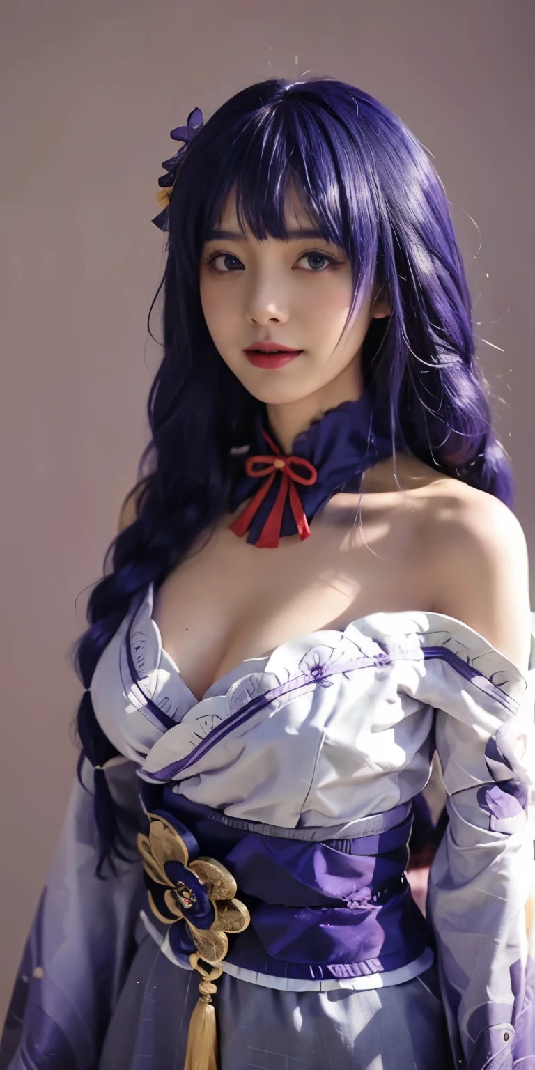 1girl, flat bangs, (standing with bending forward pose: 1.2), braids, wide sleeves, hair accessories, kimono, red belt, (purple hair:1.2), very long hair, straight hair, looking at the audience, plain white background, (realism: 1.2), detailed eyes, red eye shadow, depth of field, symmetrical eyes, cleavage, dancinasterpiece, top quality, best quality, official art, beauty and aesthetics: 1.2), (1 girl), extreme detail, (fractal art: 1.5), highest detail, [blue feathers|purple feathers] hair, Very long hair, (scattered), (flowing hair: 1.5), hair background, bare shoulders, (collarbone: 0.9), smile, big breasts, 36d, big breasts, sexy, buttocks, hot, big breasts, cleavage, big tits, detailed, white background