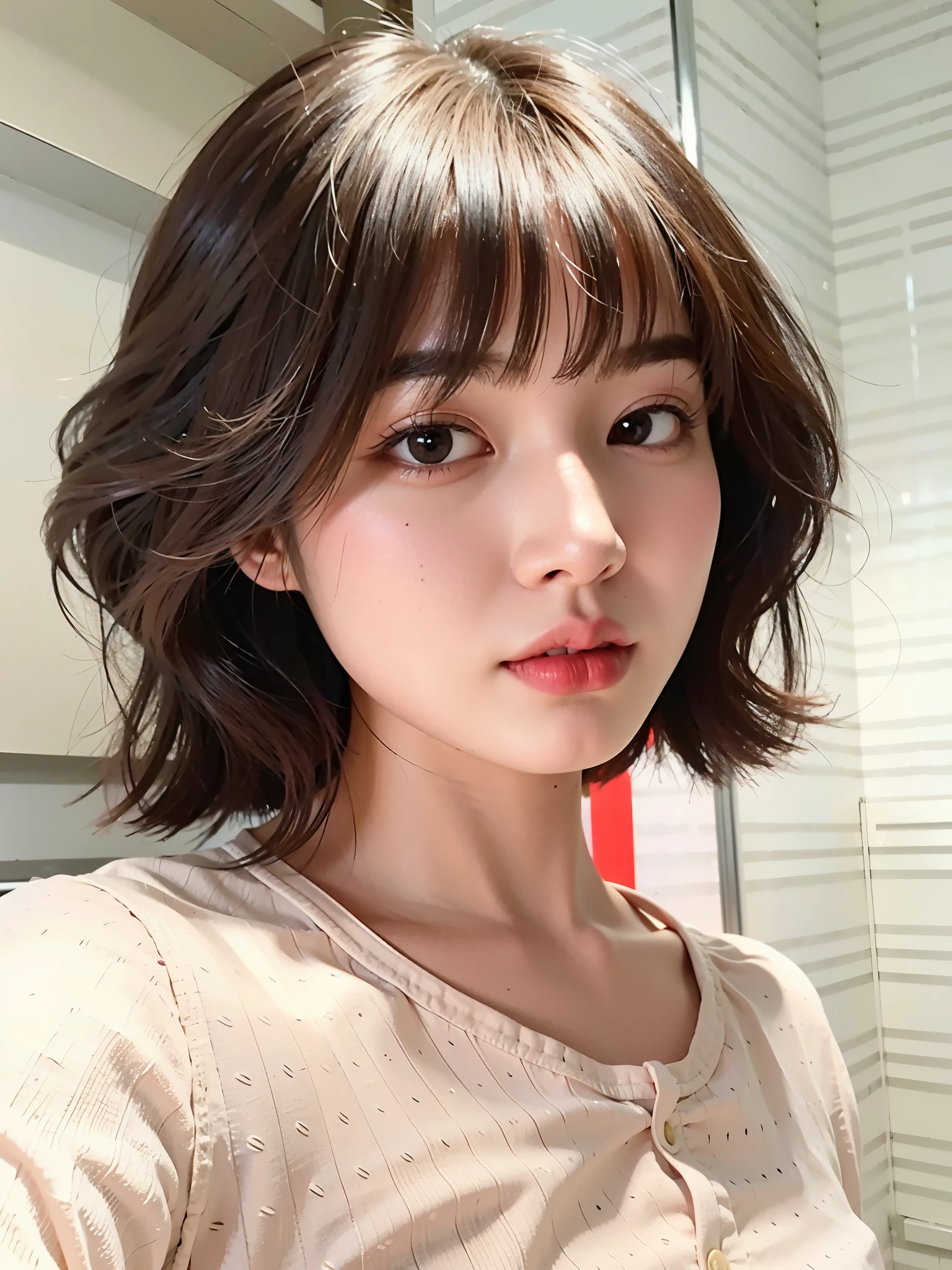 There  a young girl wearing a pink shirt, short hair, 短curls with bangs, Urzan, young cute korean face, korean girl, Hair with bangs, 🤤 girl portrait, sakimicchan, 棕色刘海short hair, 8k photos, Chen Sumi, 美丽的年轻korean girl，curls，short hair