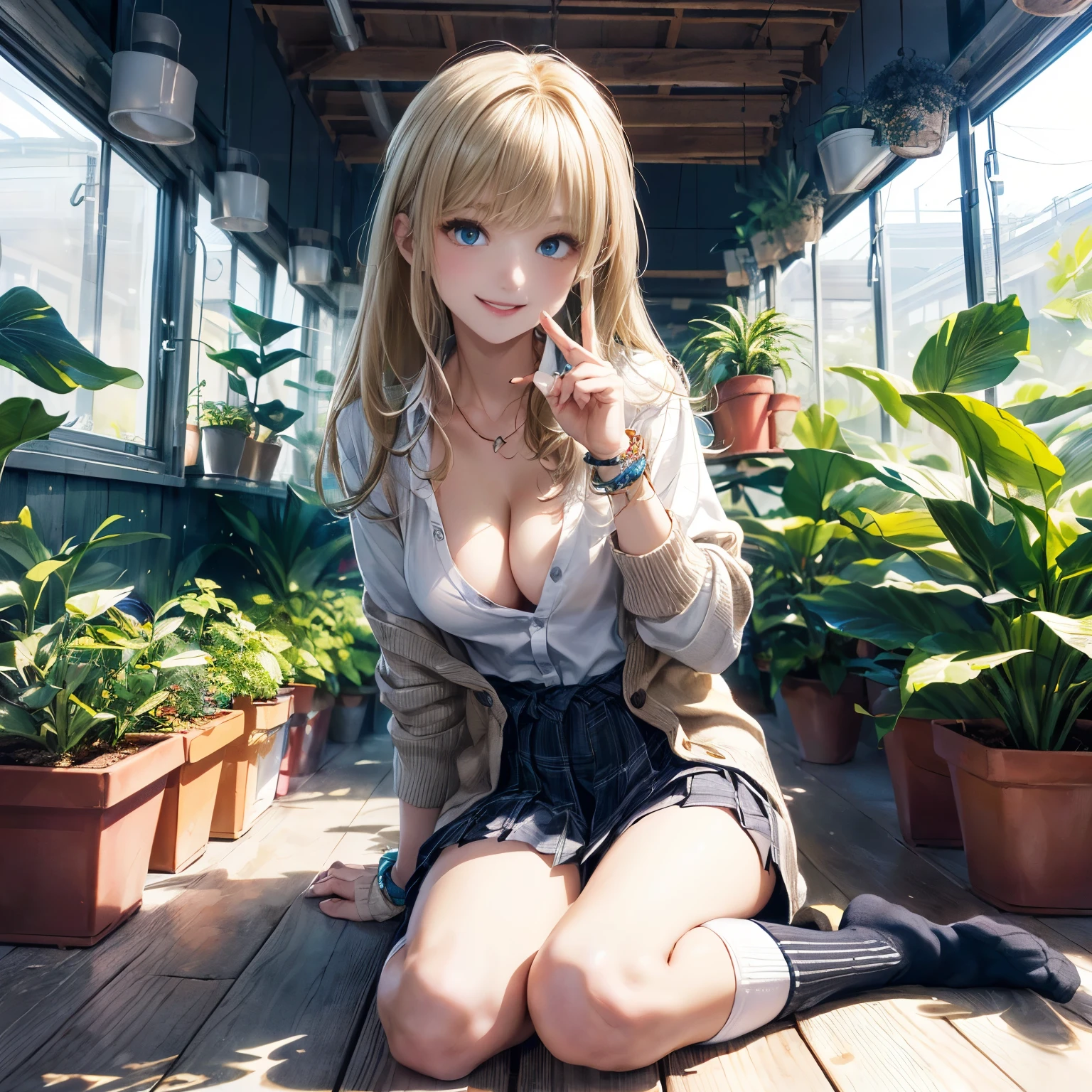 absurderes, ultra-detailliert,bright colour,(in 8K:1.3),masterpiece,extremely beautiful detailed face and eyes, 25 years old,(School Uniforms:1.2), (gals:1.2), (White shirt:1.3), (Wrap a beige cardigan around your waist:1.3), ((cleavage, Unbuttoned):1.2), (Plaid pleated skirt:1.2), (Necklace,Colorful bracelets,(Loose socks:1.4),Double peace,X-Hair,
Large windows, a bright small greenhouse, (houseplants lined up closely), (lots of potted plants), potted flowers, bright sunlight, lens flare, tropical trees, wooden chairs, waterholes, small birds,
(Smooth straight blonde hair:1.3), (Shiny hair:1.2), Delicate beautiful face, red blush、Deep Blue Eyes, (Happy smiling face:1.2),Small necklace,(raise finger on chair),Full body