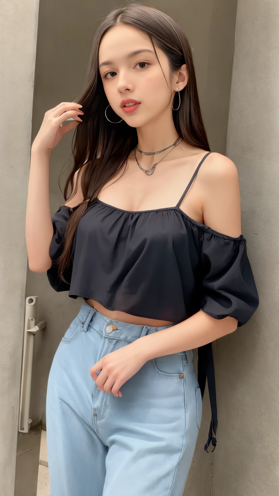 Olivia Rodrigo, 13 anos, cabelos longos: 1.3, Spaghetti strap blouse, leggings, decote pequeno, mamilos, pele clara