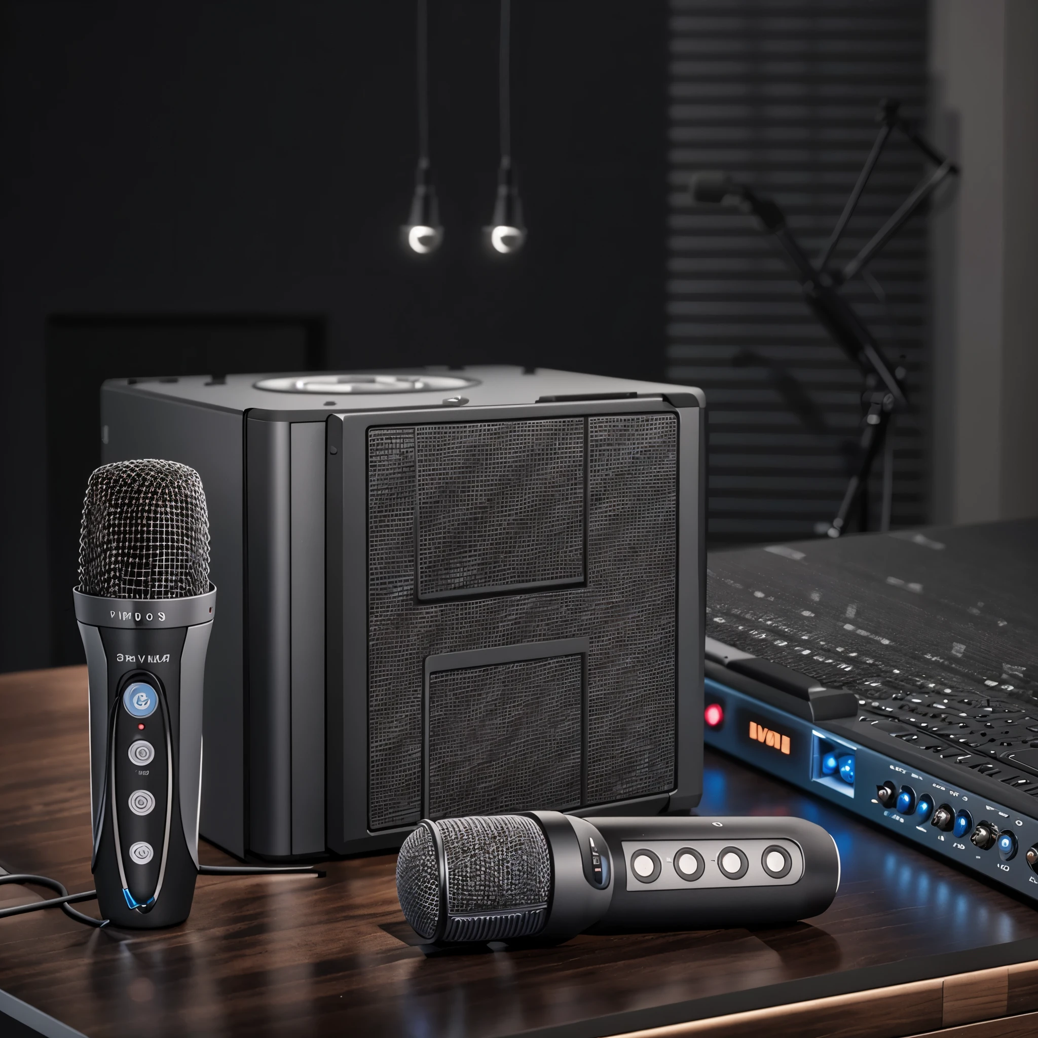 There a microphone and a dvd on the table, 4K product photos, Detailed wide angle shot, Studio shot, bottom corner, Product design photography, Product introduction photos, High resolution product photos, on black background, 3D product rendering, Studio product photography, High resolution details, Detailed shooting, medium close-up, on dark background