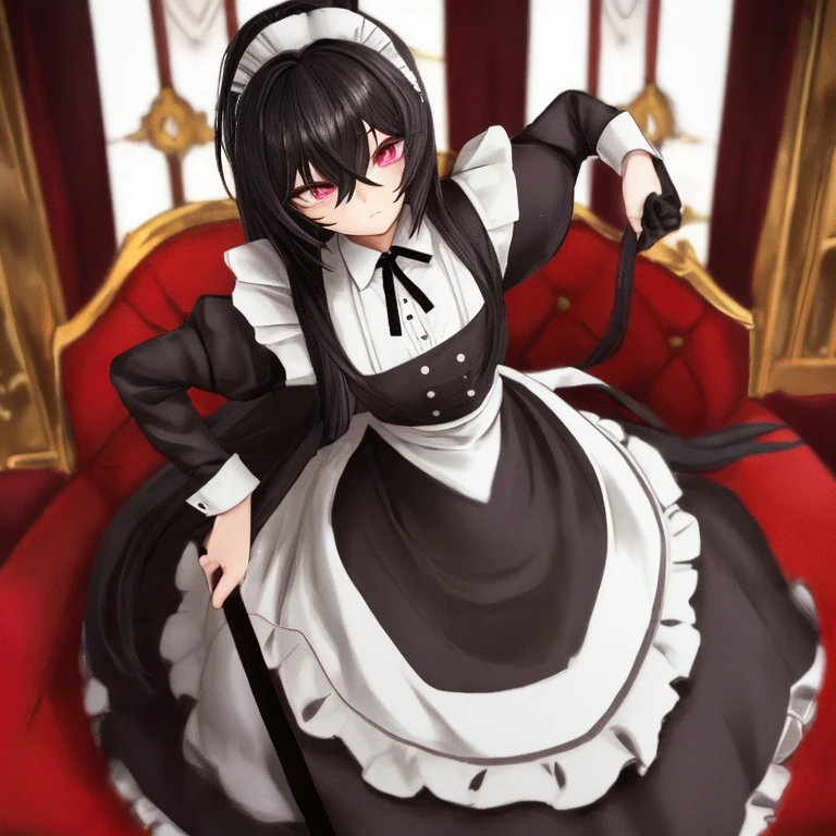 Madura de pelo negro y largo con traje de maid