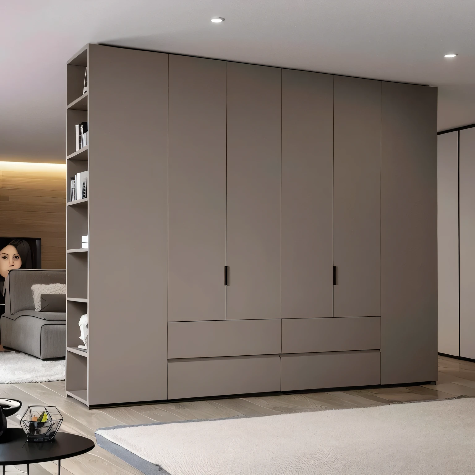 a view of a living room with a couch, a table, and a book case, elegant wardrobe, cupboard家具, cupboard, cupboard, Elegant futuristic wardrobe, conceptual, Furniture design, minimally modern, modern look, contemporary, royal, modern gallery furniture, laboratory, unit, Modern design, Modular, inspiration, designer furniture, artistic interpretation, brown wood cupboard