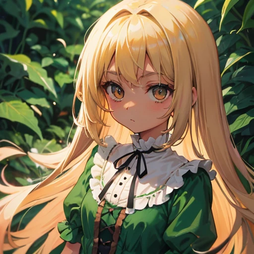 5  anime girl, light blonde hair, very dark brown eyes and slightly tanned skin. Her wearing a light green dress, vintage or Victorian style.