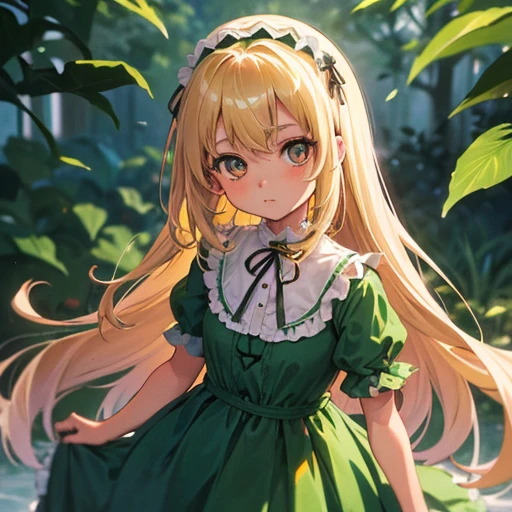 5 anime girl, light blonde hair, very dark brown eyes and slightly tanned skin. Her wearing a light green dress, vintage or Victorian style.