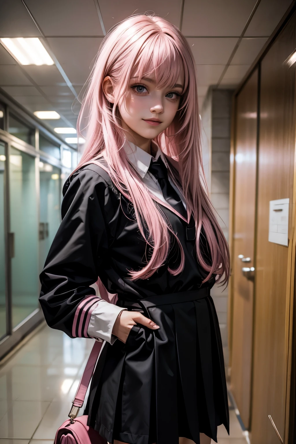 (1Girl, Russian, Beautiful, smiling, 18yo, ((Messy pink hair with a fringe)), (pink perfects eyes), ((wearing ((black)) school uniform))), ((In a school corridor)),