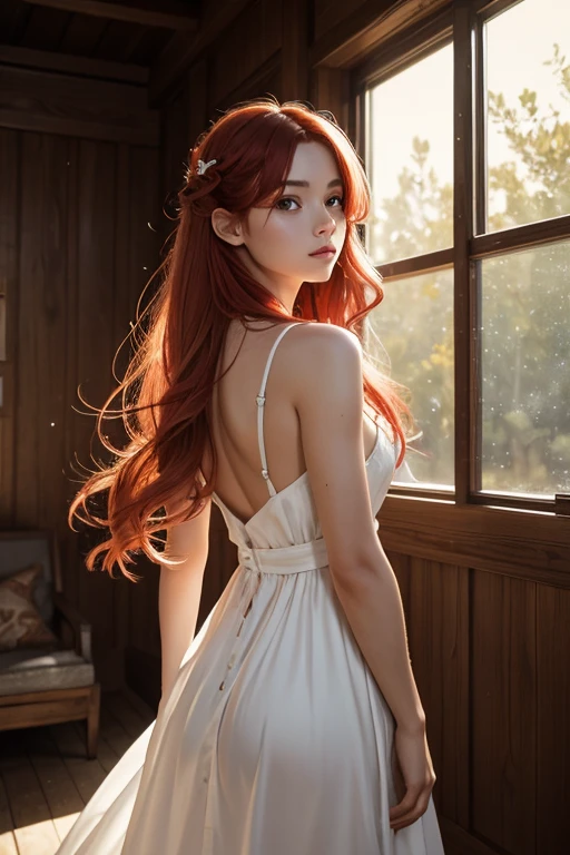 1girl, posing for the camera, embarrased, portrait, cute, long hair, red hair, small breasts, white dress, indoors, back light, by a professional photographer, butteflies, particles, magic in the air, wind, aura, (masterpiece, best quality, hires, high quality, by professional artist, ultra detailed, extremely detailed, absurdres, incredibly resolution:1.2)