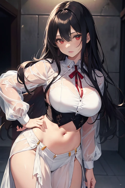 (masterpiece:1.2, best quality:1.2, beautiful, high quality, highres:1.1, aesthetic), detailed, extremely detailed, ambient soft lighting, 4K, perfect eyes, perfect face, perfect lighting, 1girl,black hair, breasts, glowing, glowing eyes, hair between eyes, lips, long hair, looking at viewer,parted lips, plump, red eyes, realistic, solo,  hands on hips,Clear and visible private organs,Transparent clothing