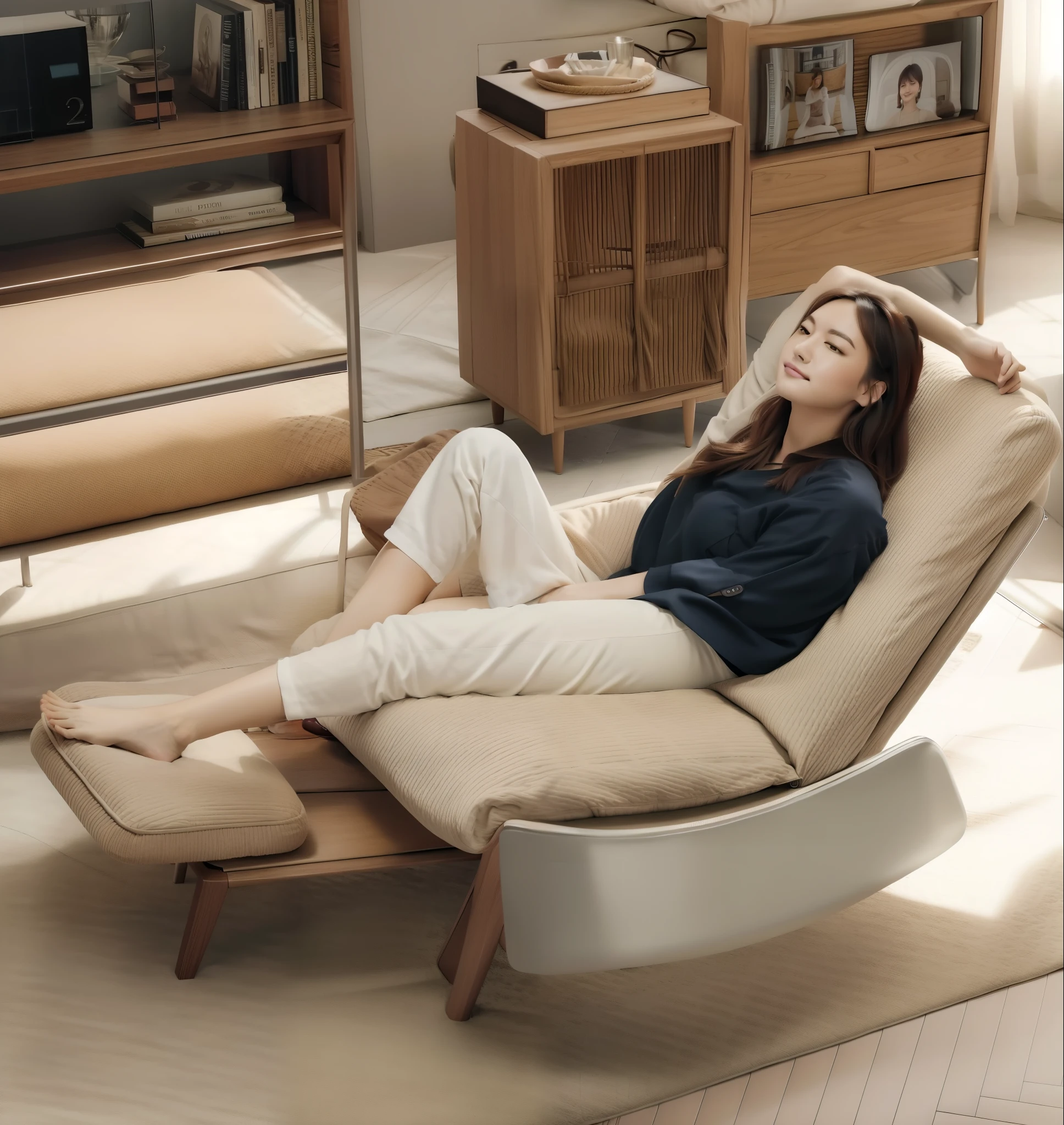 woman sitting on lounge chair in living room, 在comfortable chair上, recline, Sit relax and be happy, sitting in rocking chair, Very comfortable], relaxing on a modern couch, bottom corner, close angle, Place in the living room, High resolution scan, High resolution scan, real reality images, comfortable chair