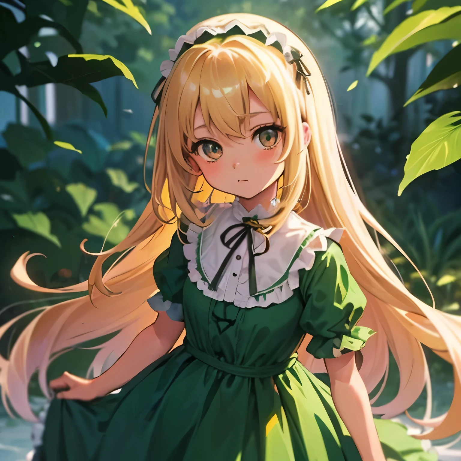 5 year old anime girl, light blonde hair, very dark brown eyes and slightly tanned skin. Her wearing a light green dress, vintage or Victorian style. Ultra HD 4K